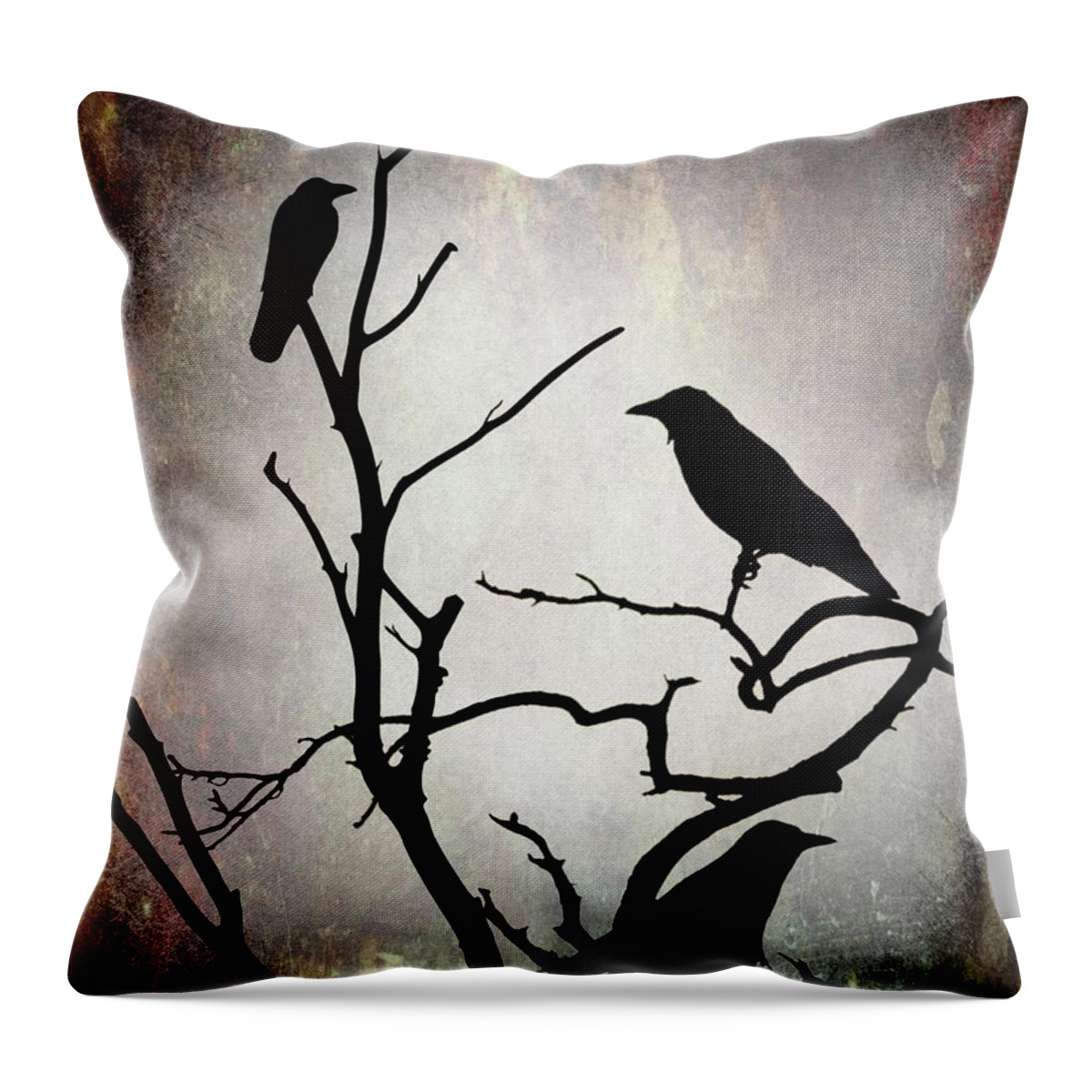 Bird Throw Pillow featuring the digital art Crow Birds on Tree Bird 92 by Lucie Dumas