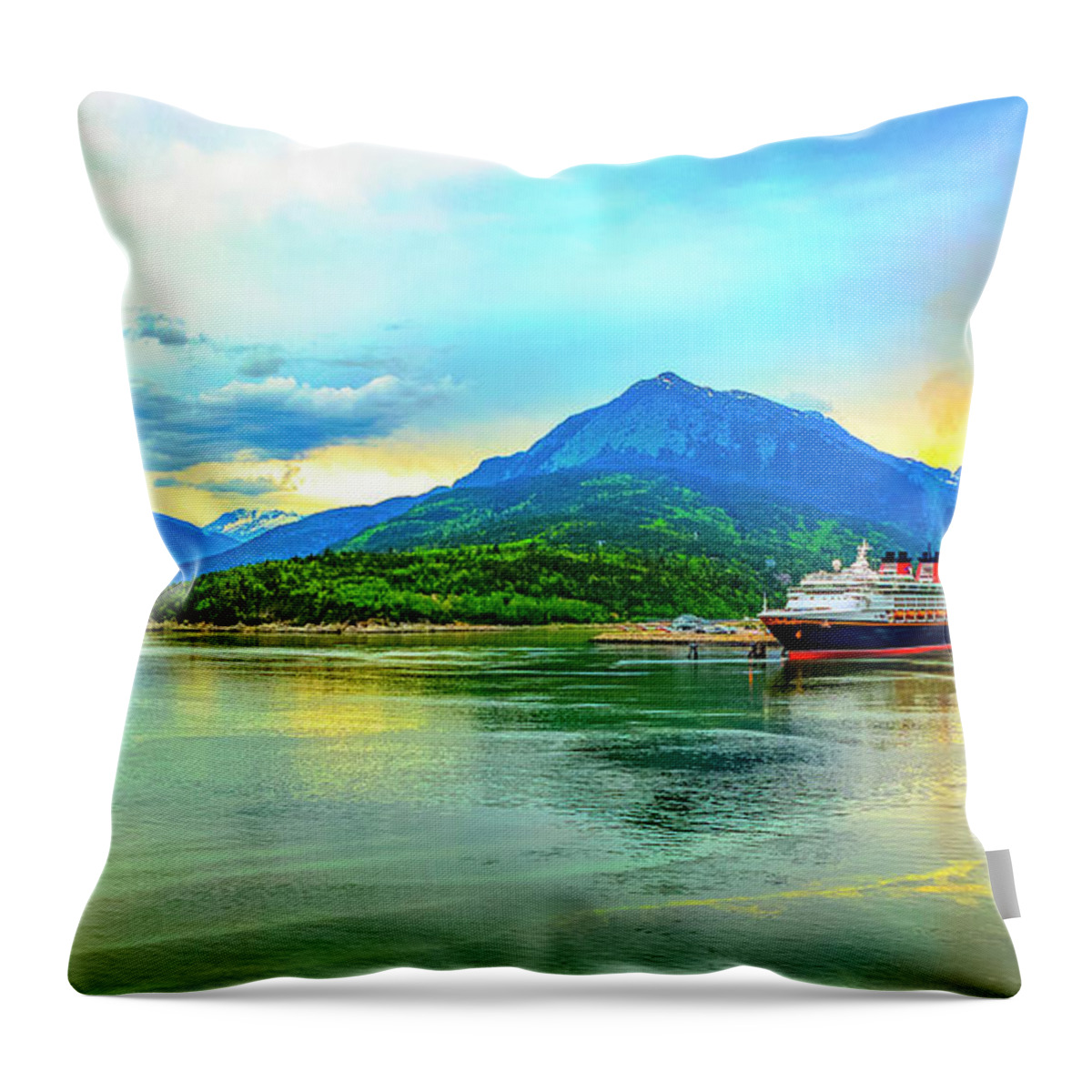 Cruise Ship Throw Pillow featuring the digital art Cruise Ship Ketchikan Alaska by SnapHappy Photos