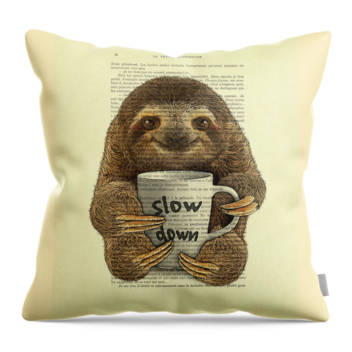 Sloth Throw Pillow featuring the digital art Cute baby sloth with coffee mug Slow down quote by Madame Memento