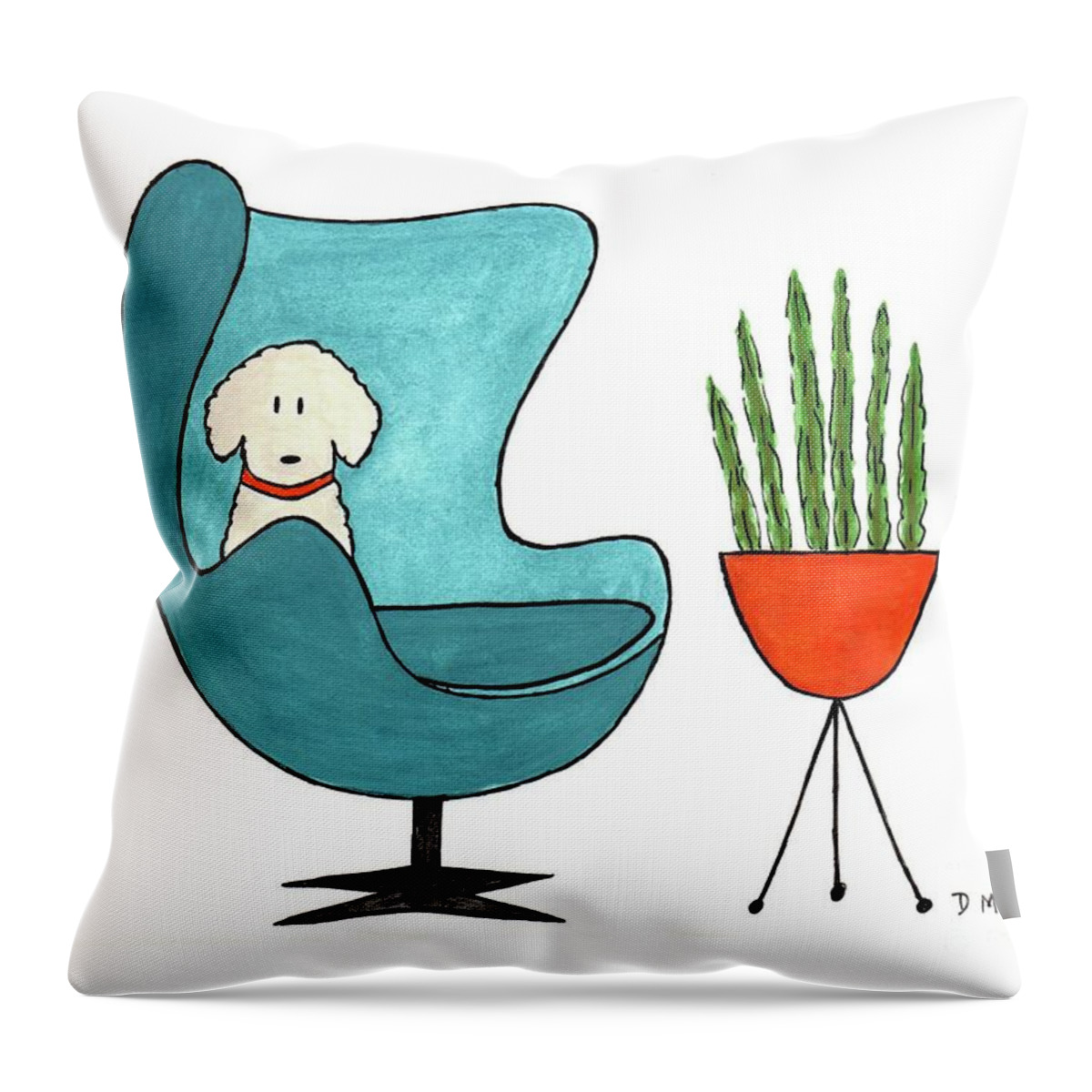 Arne Jacobsen Egg Chair Throw Pillow featuring the painting Cute Dog in Teal Arne Jacobsen Chair by Donna Mibus