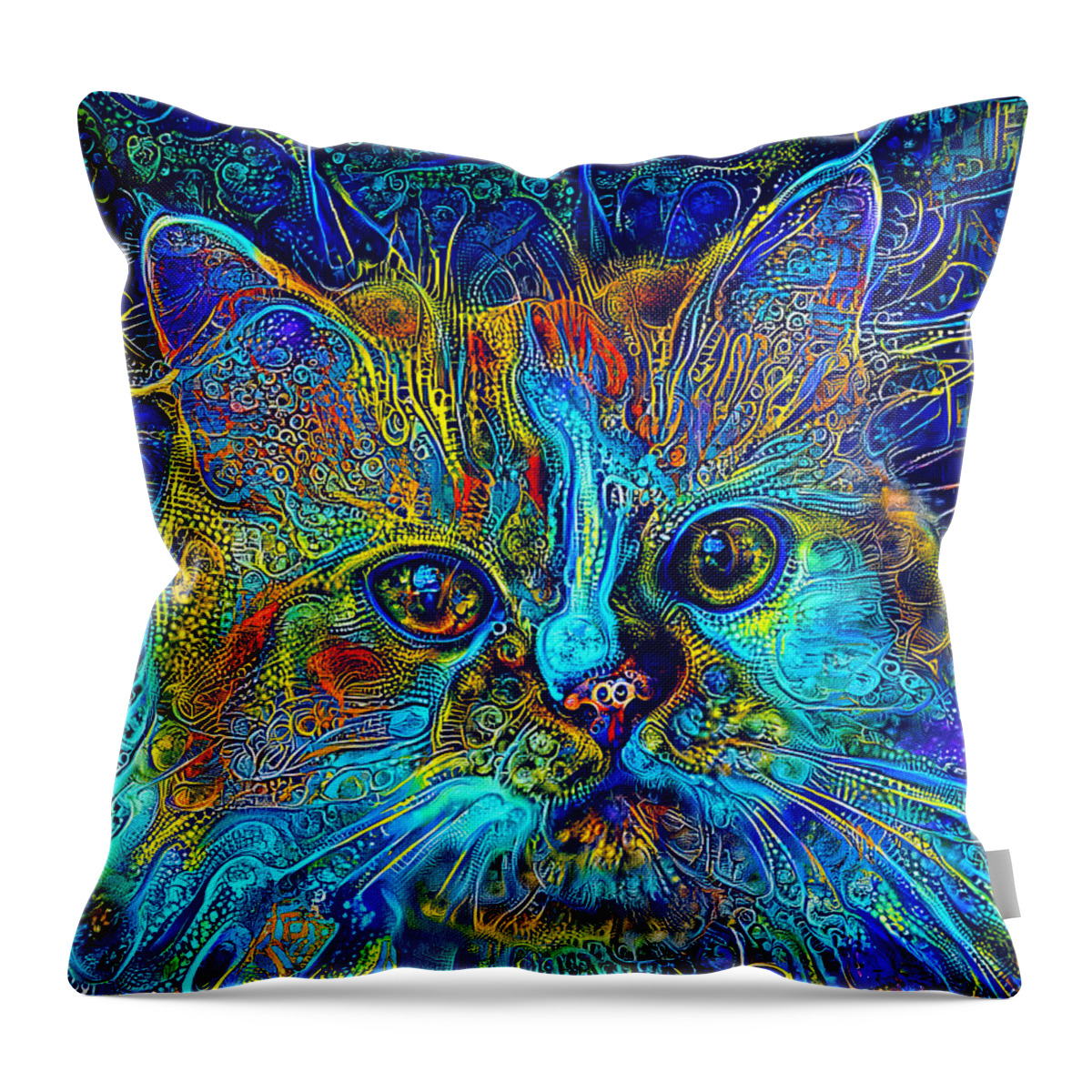 Persian Cat Throw Pillow featuring the digital art Cute Persian cat with blue and cyan colorful patterns by Nicko Prints