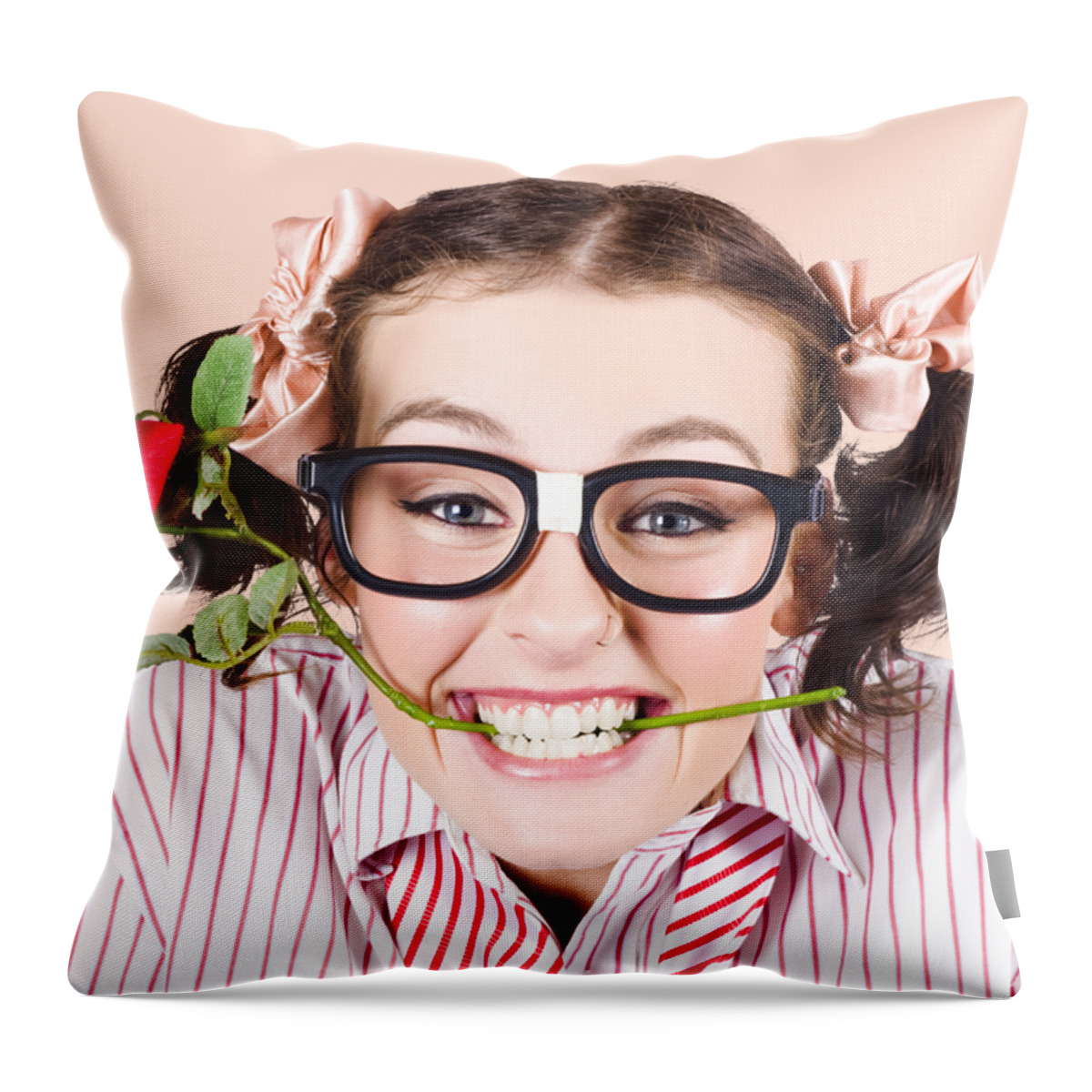 Funny Throw Pillow featuring the photograph Cute Smiling Woman Wearing Nerd Glasses With Rose by Jorgo Photography