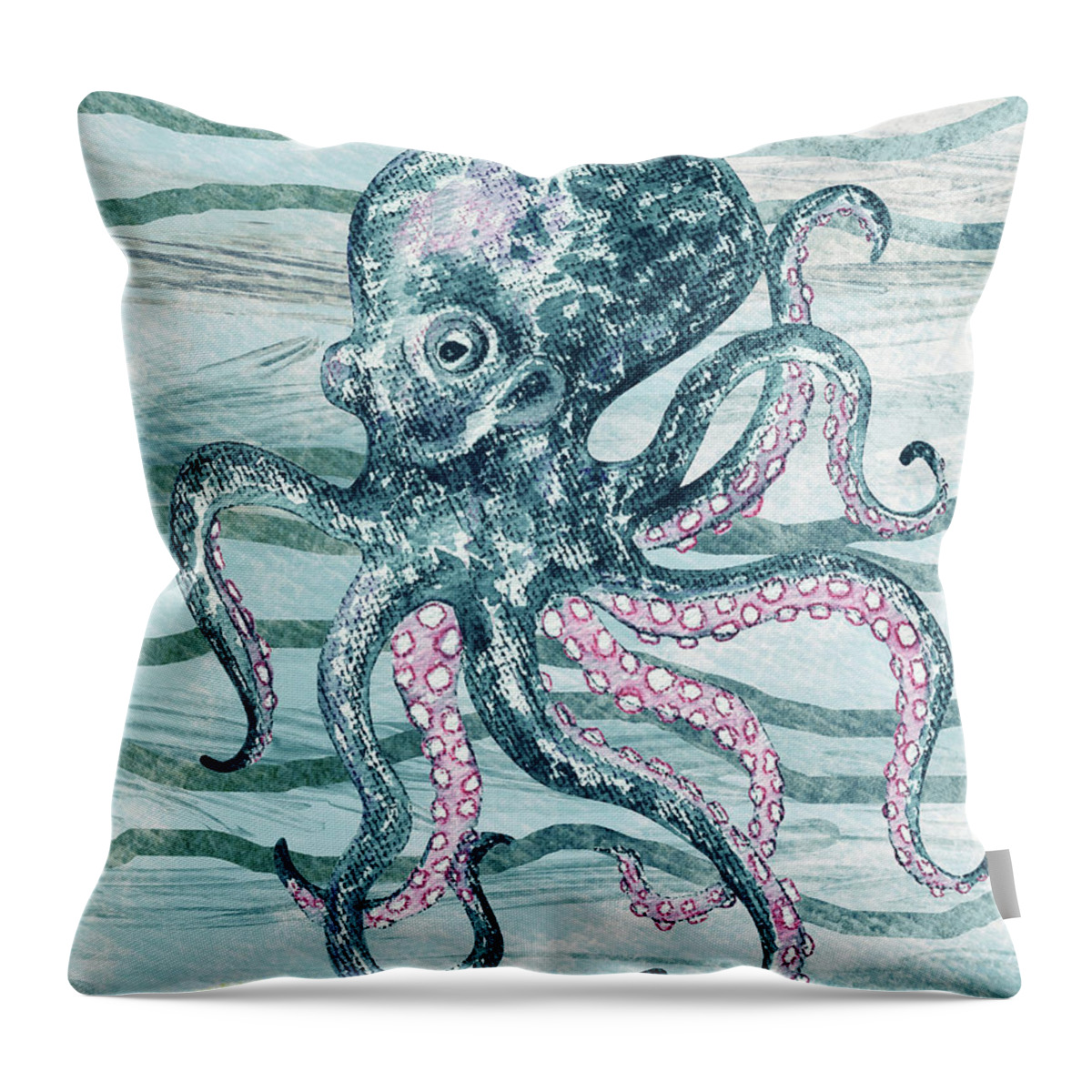 Octopus Throw Pillow featuring the painting Cute Teal Blue Watercolor Octopus On Calm Wave Beach Art by Irina Sztukowski