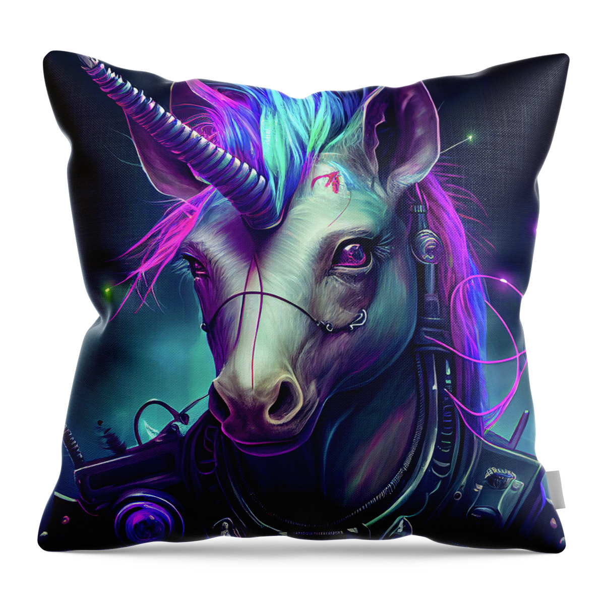 Unicorn Throw Pillow featuring the digital art Cyberpunk Unicorn Portrait 01 by Matthias Hauser
