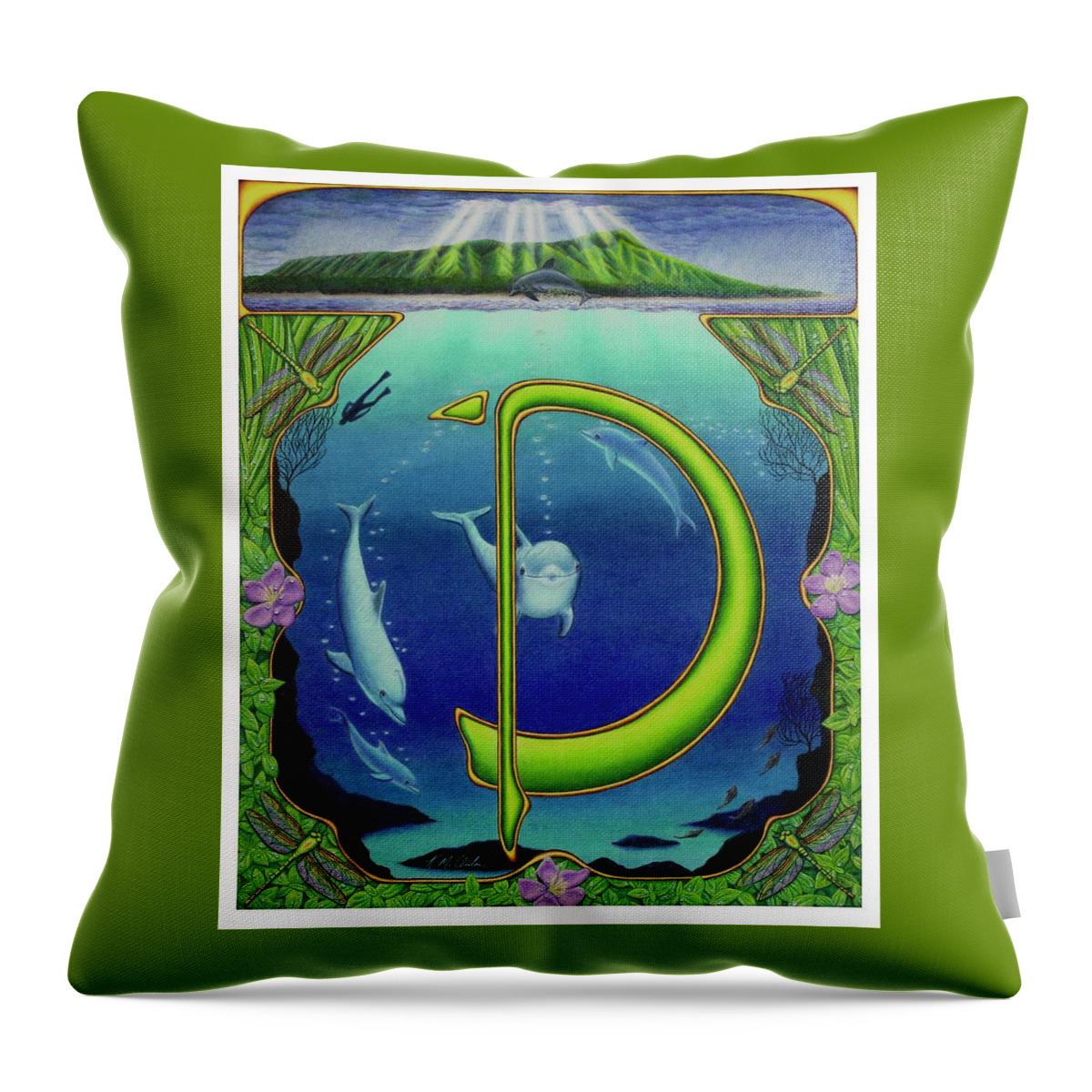 Kim Mcclinton Throw Pillow featuring the drawing D is for Dolphin by Kim McClinton