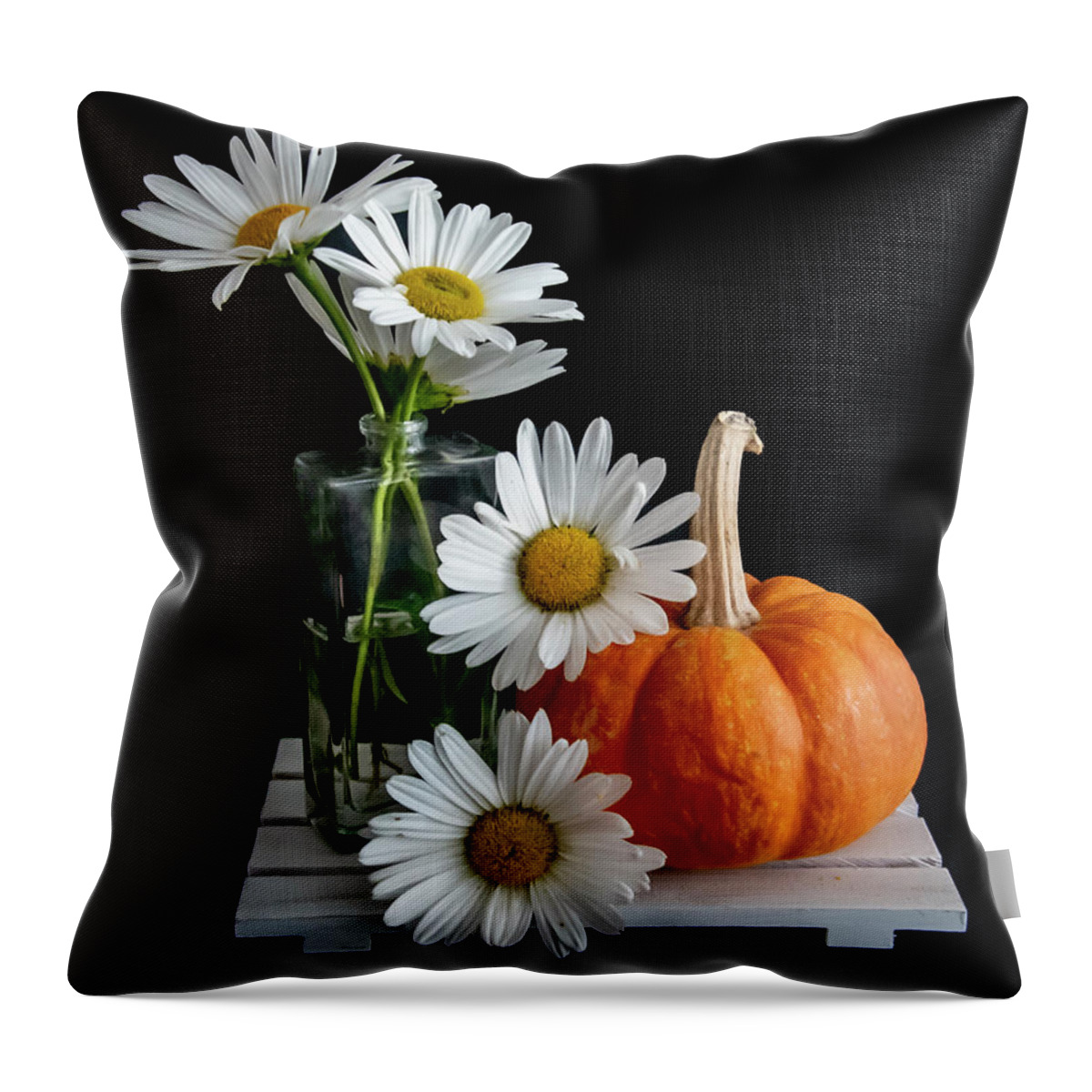 Flowers Throw Pillow featuring the photograph Daisies and Pumpkin by Cathy Kovarik