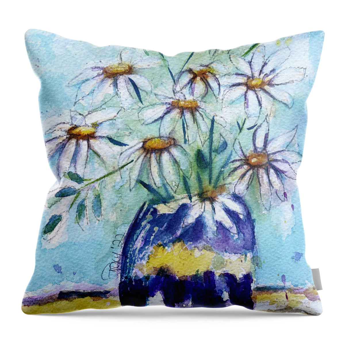Loose Floral Throw Pillow featuring the painting Daisies in a Purple Vase by Roxy Rich