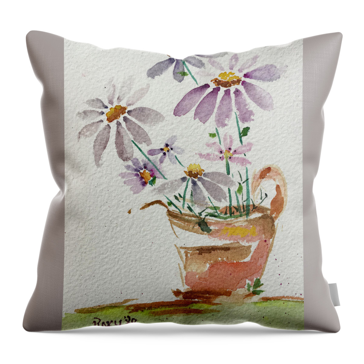 Daisy Throw Pillow featuring the painting Daisies in a Rusty Copper Pitcher by Roxy Rich