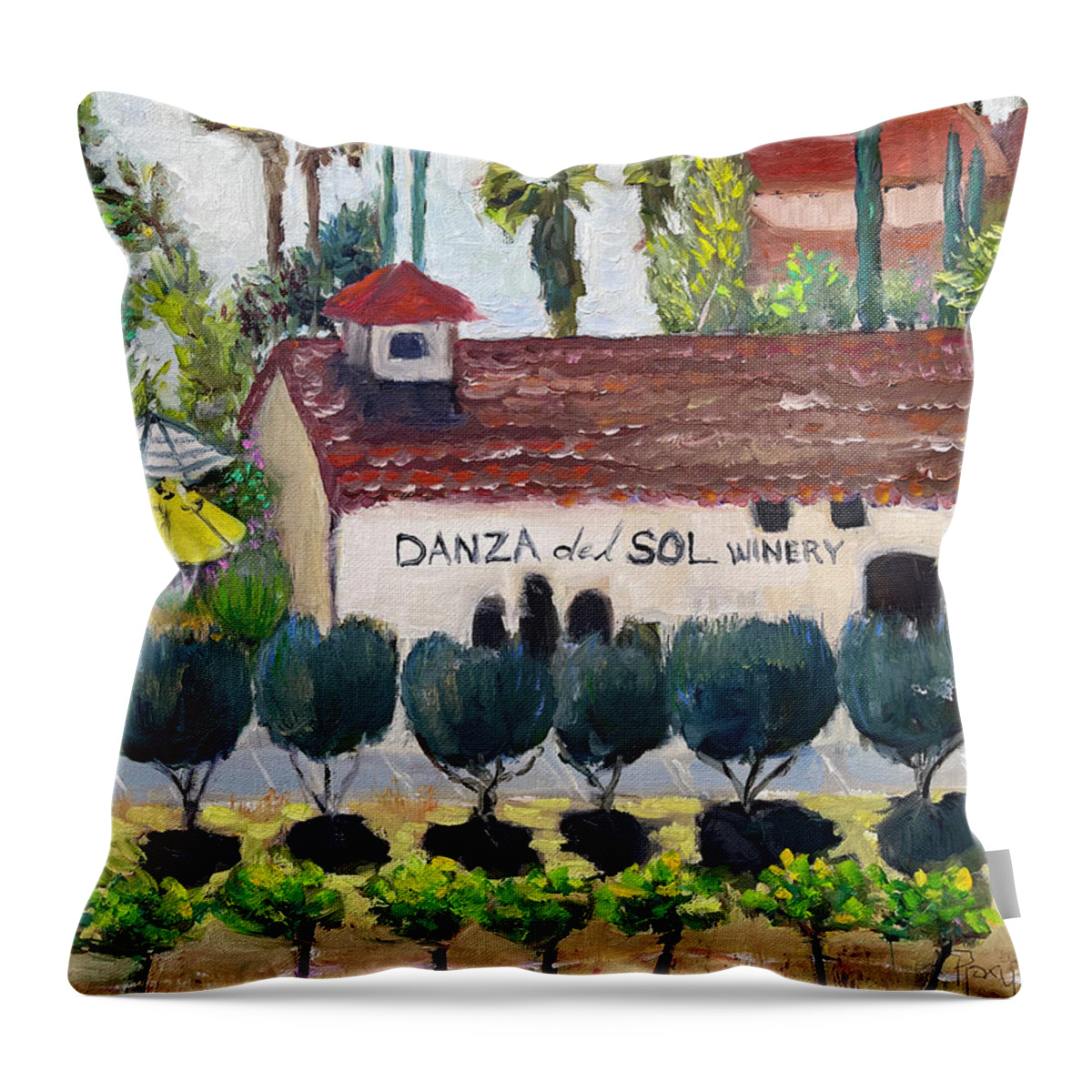 Danza Del Sol Throw Pillow featuring the painting Danza del Sol Winery by Roxy Rich