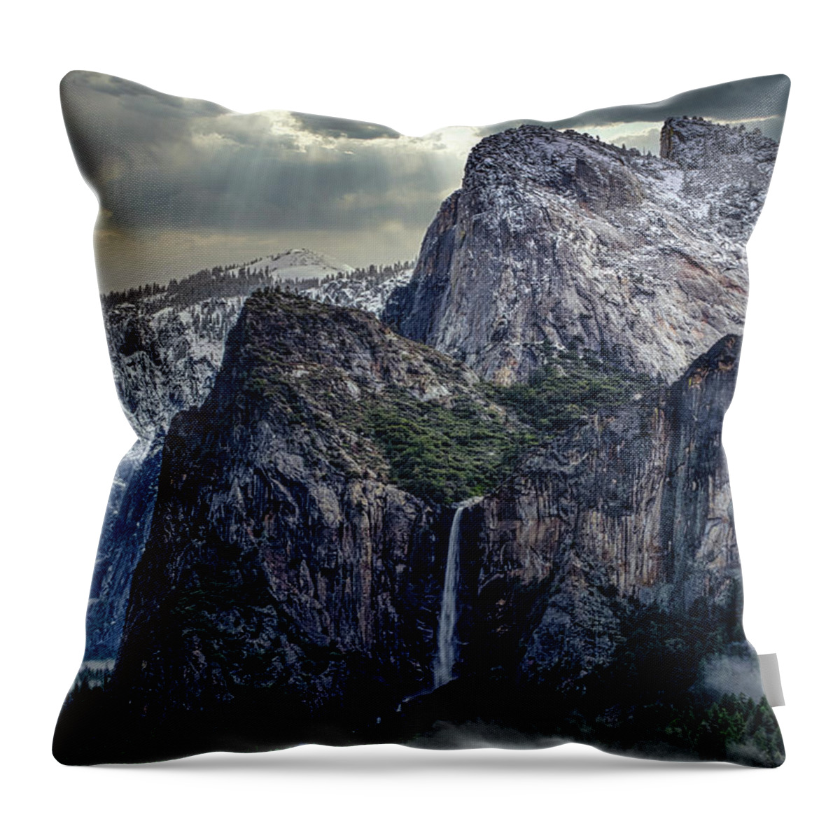 Landscape Throw Pillow featuring the photograph Dark Clouds over Bridalveil Fall by Romeo Victor