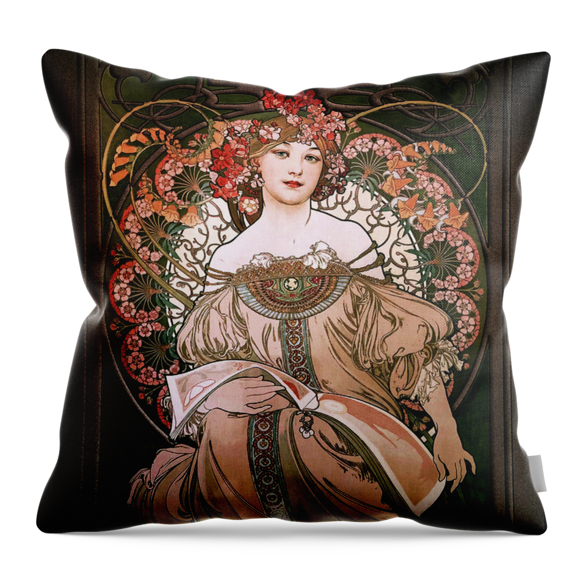 Daydream Throw Pillow featuring the painting Daydream by Alphonse Mucha Black Background by Rolando Burbon