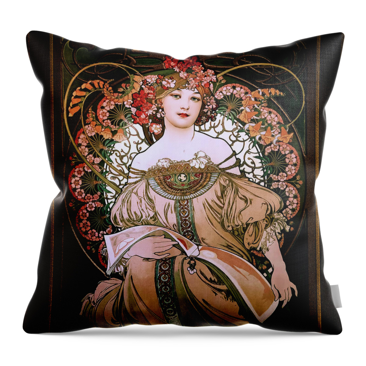 Daydream Throw Pillow featuring the painting Daydream c1896 by Alphonse Mucha Remastered Retro Art Xzendor7 Reproductions by Xzendor7