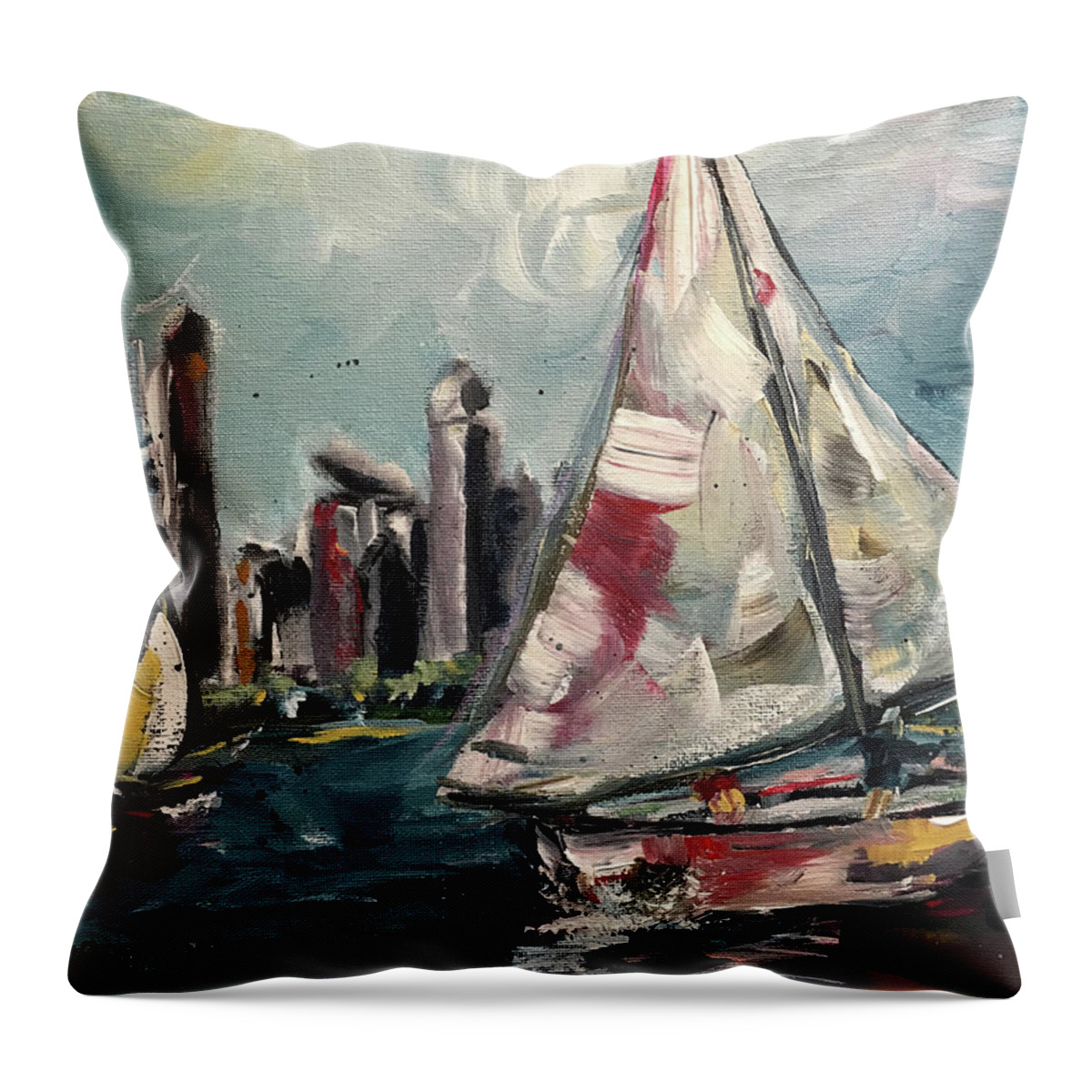 Sailboats Throw Pillow featuring the painting Daytime Sailing Chicago by Roxy Rich
