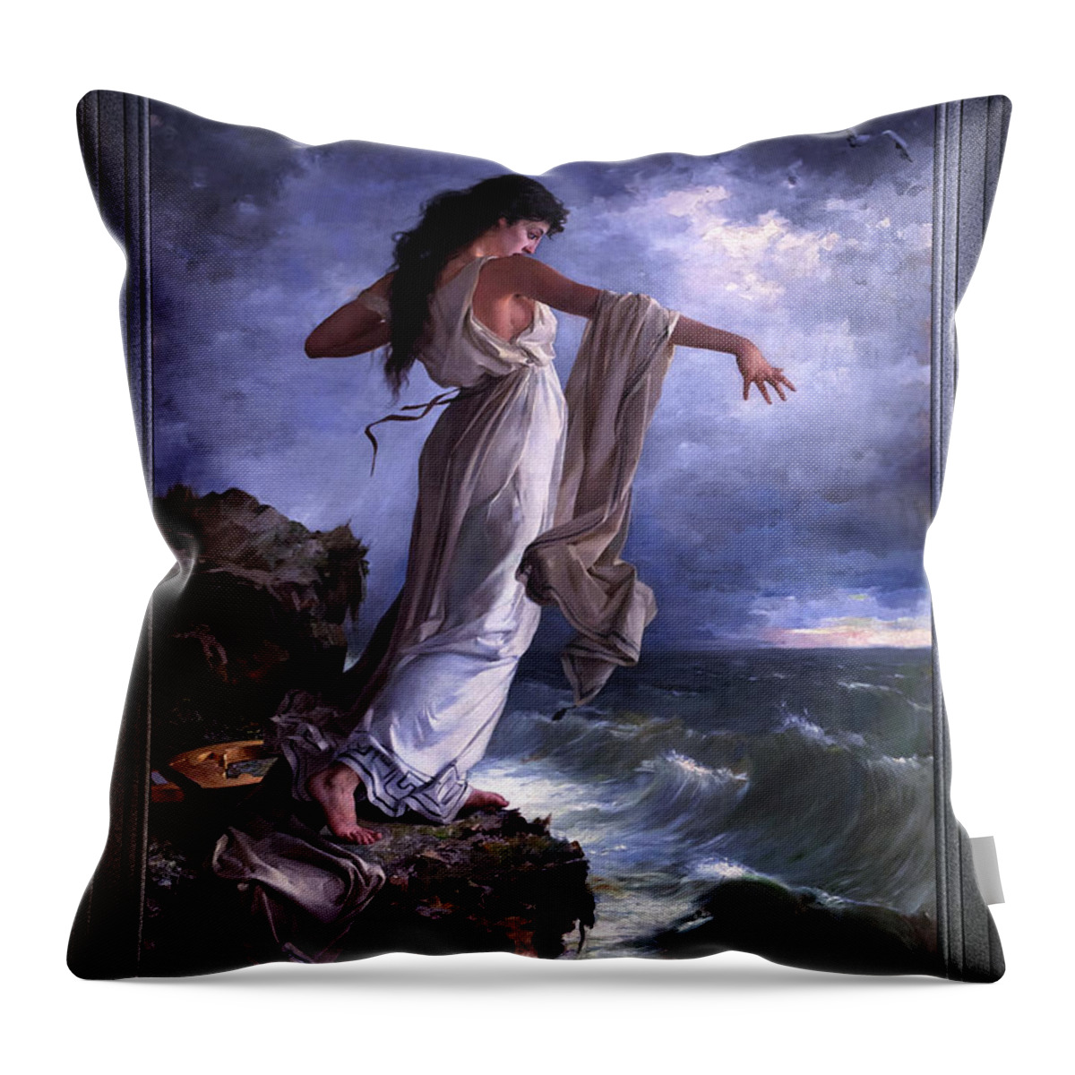 Ocean Waves Throw Pillow featuring the painting Death of Sappho by Miguel Carbonell Selva by Rolando Burbon