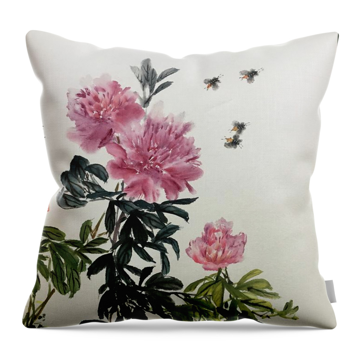 Peony Flowers Throw Pillow featuring the painting Depend On Each Other - 2 by Carmen Lam