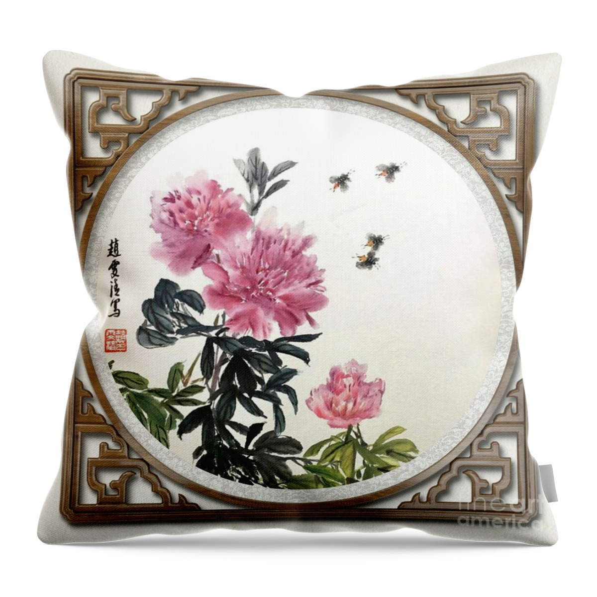 Peony Flowers Throw Pillow featuring the mixed media Depend On Each Other - 6 by Carmen Lam