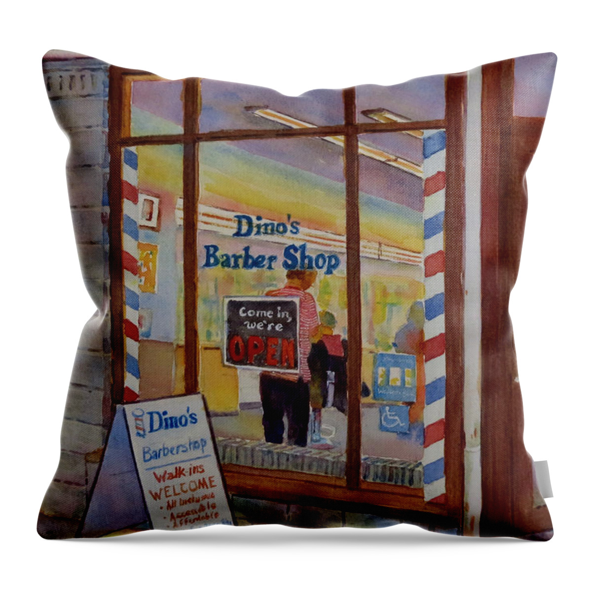 Canada Throw Pillow featuring the painting Dino's Barbershop by David Gilmore