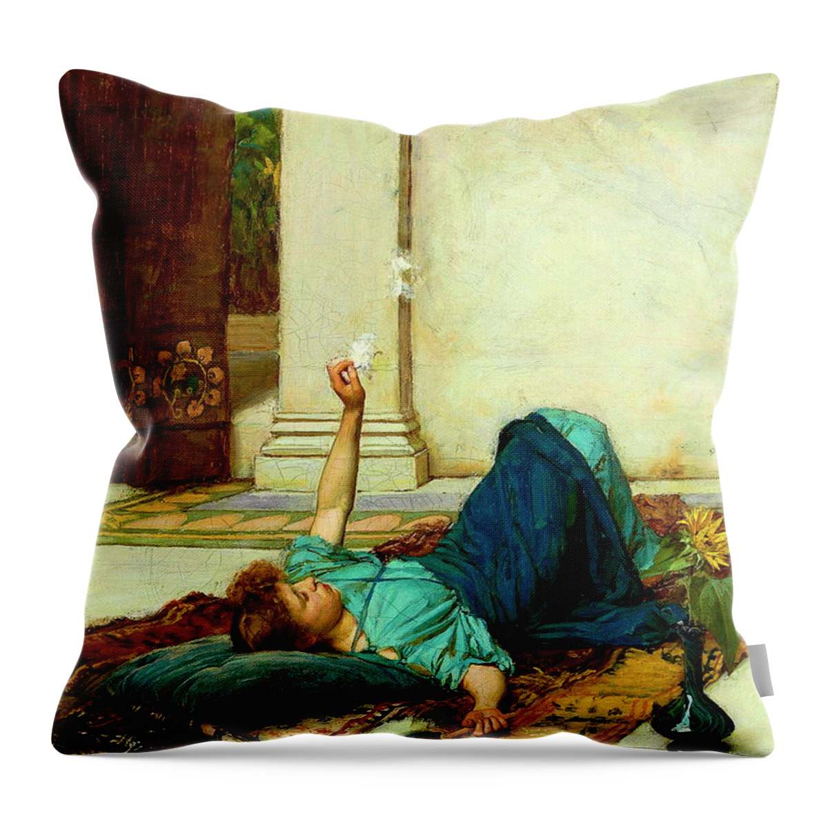 Dolce Far Niente Throw Pillow featuring the painting Dolce Far Niente by John William Waterhouse