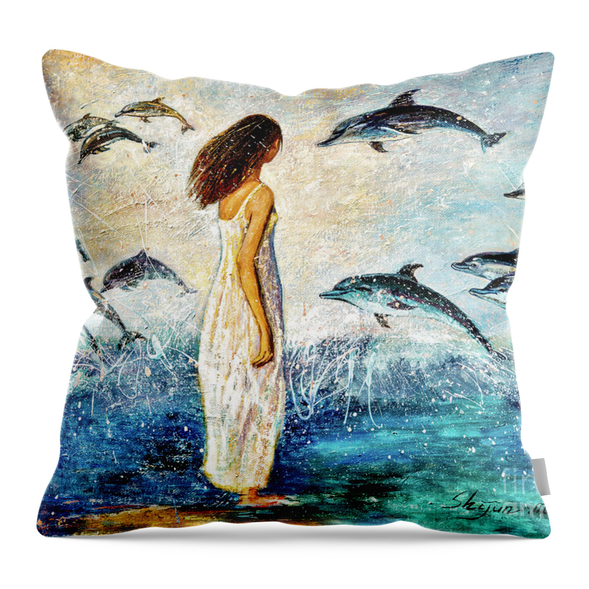 Dolphin Throw Pillow featuring the painting Dolphin Bay by Shijun Munns