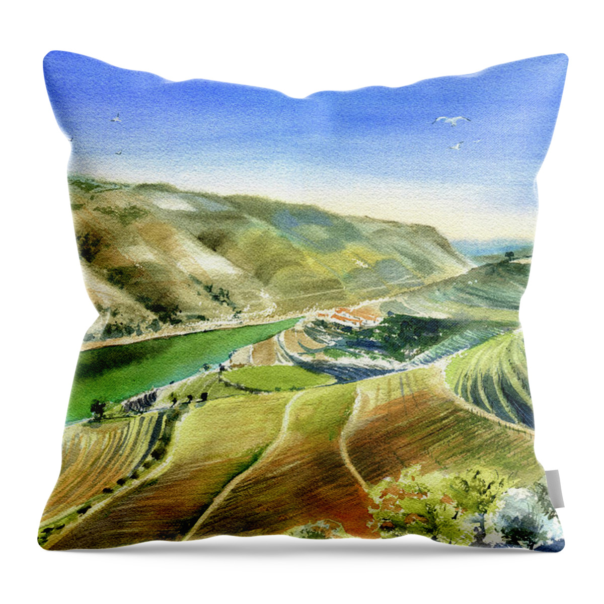 Portugal Throw Pillow featuring the painting Douro Valley Scenery Painting by Dora Hathazi Mendes