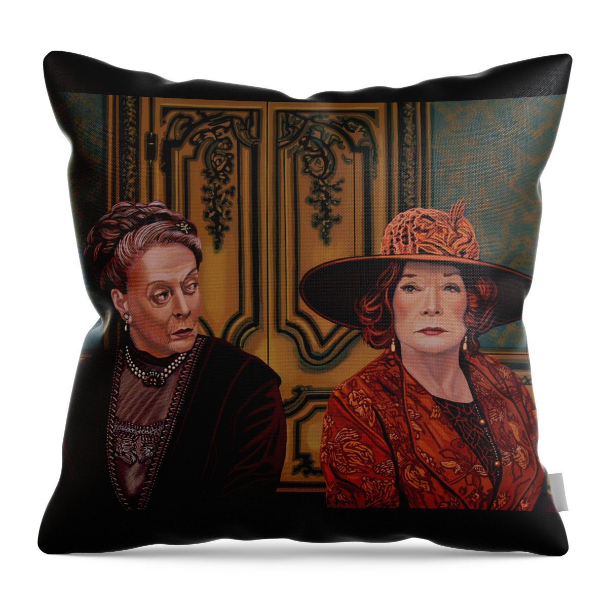 Painting Throw Pillow featuring the painting Downton Abbey Painting 5 Maggie Smith and Shirley MacLaine by Paul Meijering