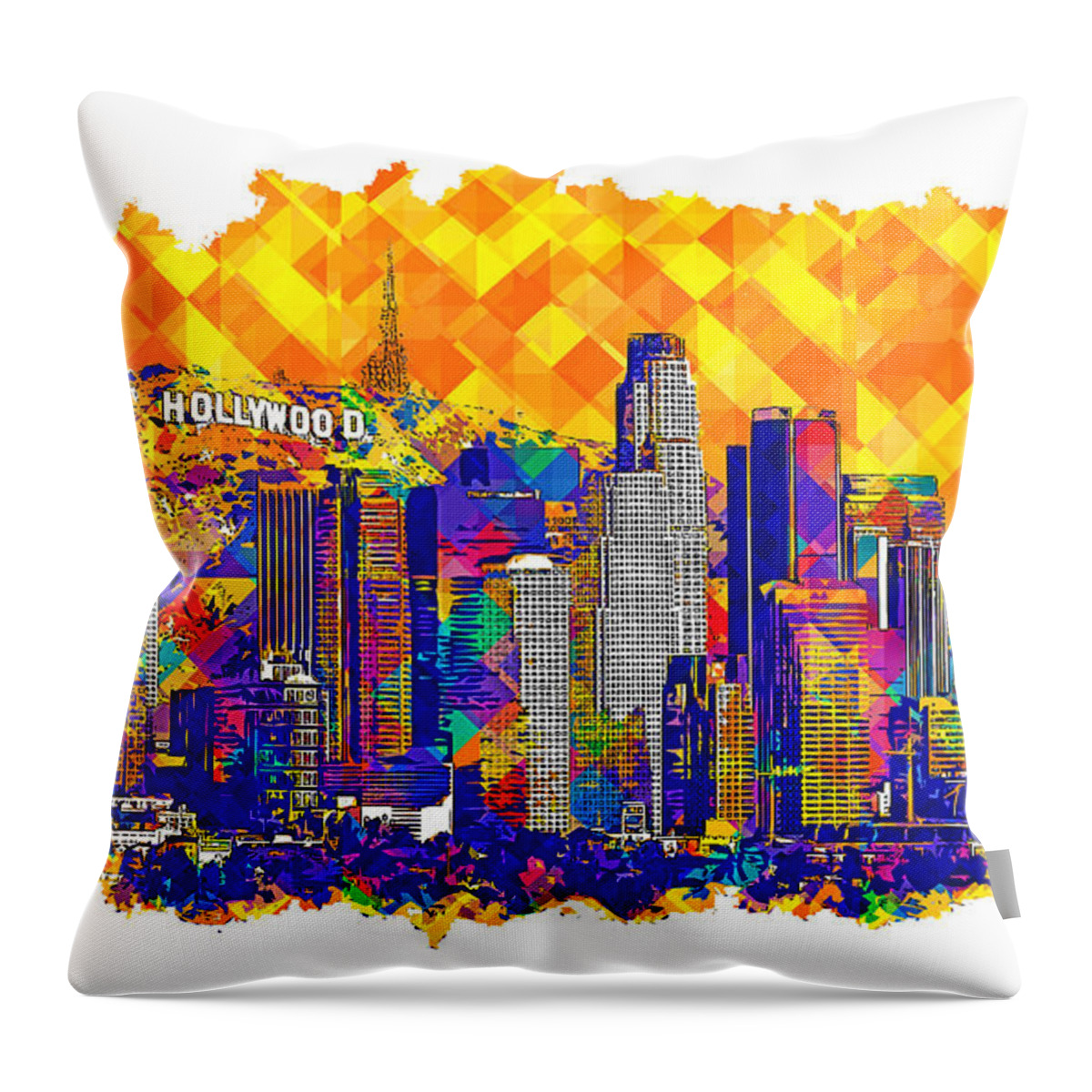Los Angeles Throw Pillow featuring the digital art Downtown Los Angeles skyline with the Hollywood sign in the background - colorful digital painting by Nicko Prints