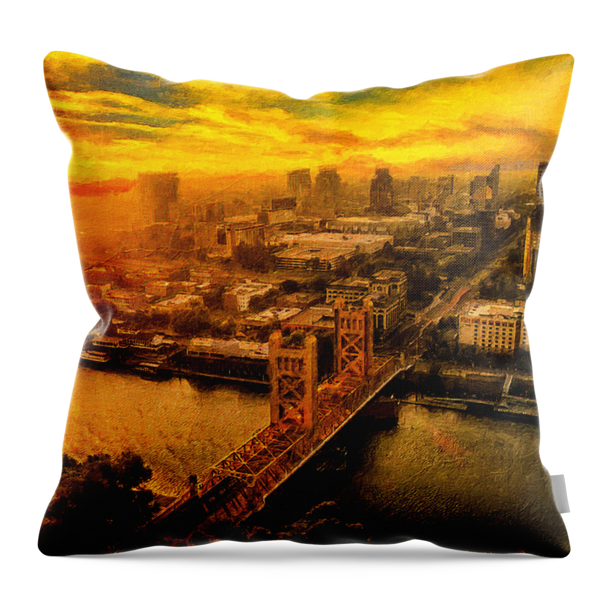 Sacramento Throw Pillow featuring the digital art Downtown Sacramento and Tower Bridge at sunset - digital painting by Nicko Prints