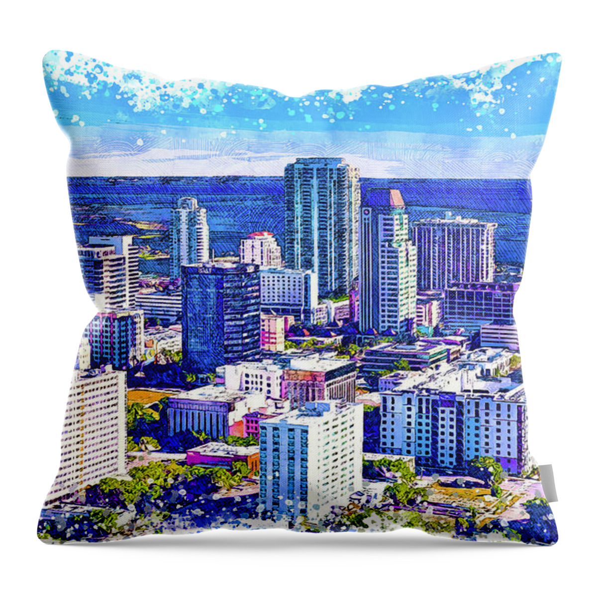 St. Petersburg Throw Pillow featuring the digital art Downtown St. Petersburg, Florida - sketch painting by Nicko Prints