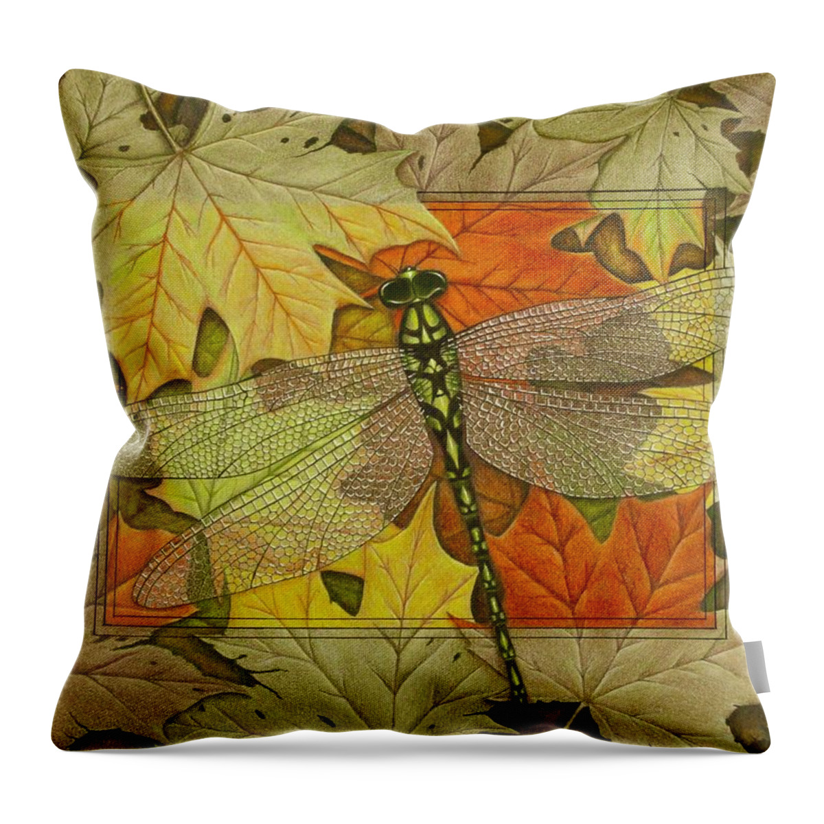 Kim Mcclinton Throw Pillow featuring the drawing Dragonfly Fall by Kim McClinton