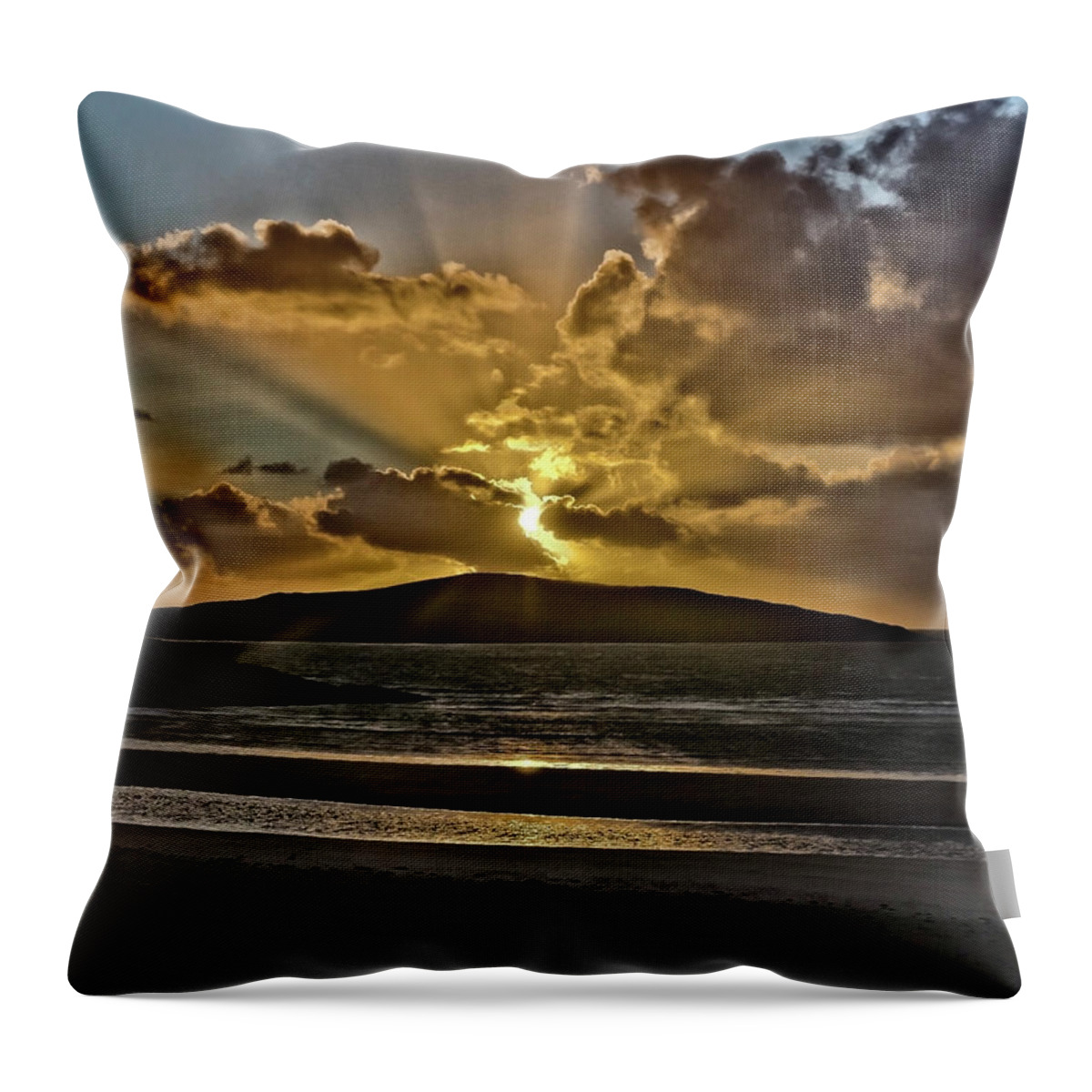 Dramatic Sunset Blue Yellow Round Sun Rays Glen Water Sea Mountain Beautiful Magnificent Stunning Serenity Solitary Nature Powerful Clouds Sky Shining Scotland Harris Highlands Mountains Setting Landscape Panorama Panoramic Breathtaking Spectacular Exciting Mindfulness Relaxing Artistic Unwinding Stylish Exceptional Singular Memorable Phenomenal Eccentric Awesome Electrifying Stimulating Intoxicating Sensational Thrilling Splendid Atmospheric Aesthetic Charming Outer Hebrides Fantastic Magical Throw Pillow featuring the photograph Dramatic sunset at sea and mountains by Tatiana Bogracheva