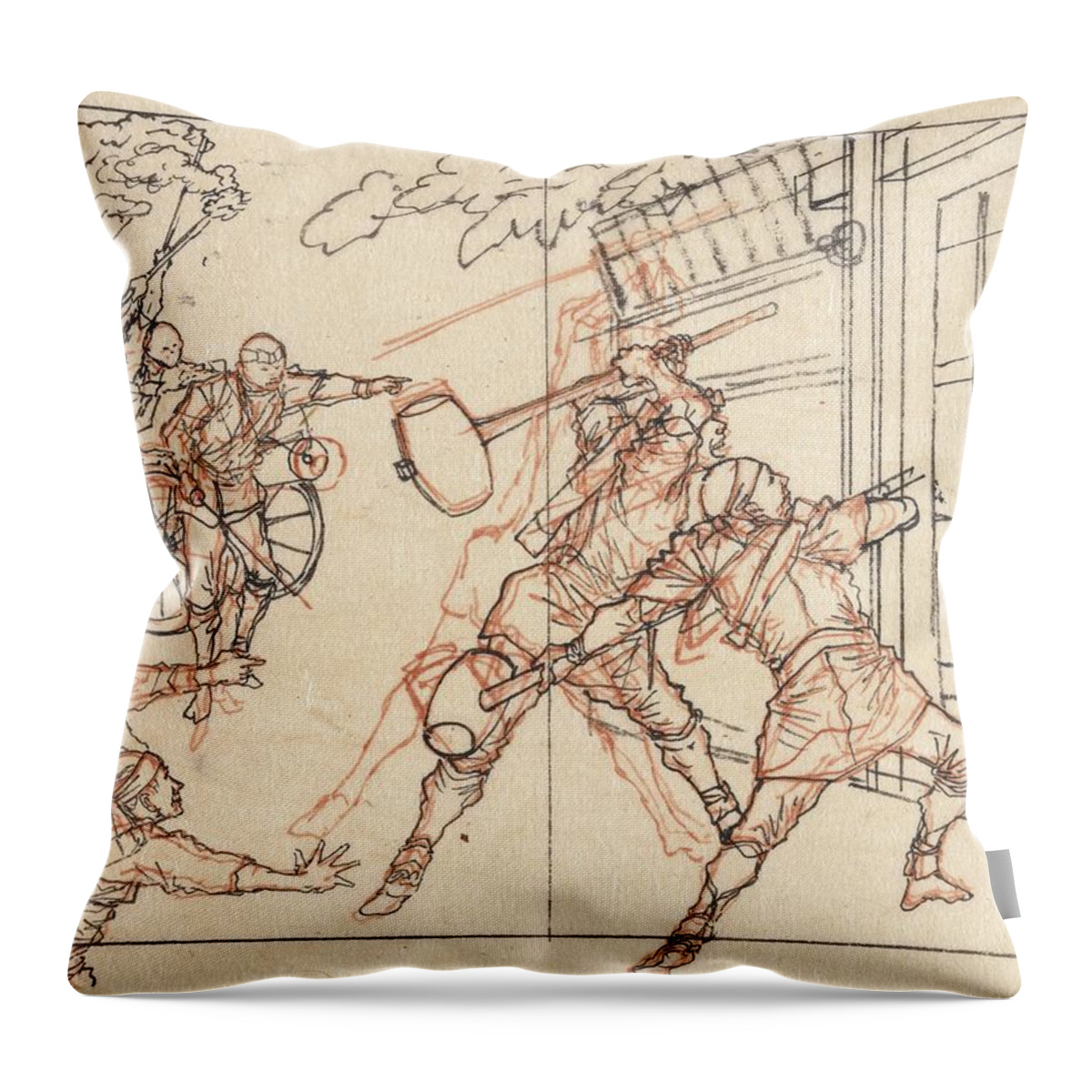 Background Throw Pillow featuring the painting Drawing of soldiers battering a gate Yoshitoshiabout by MotionAge Designs