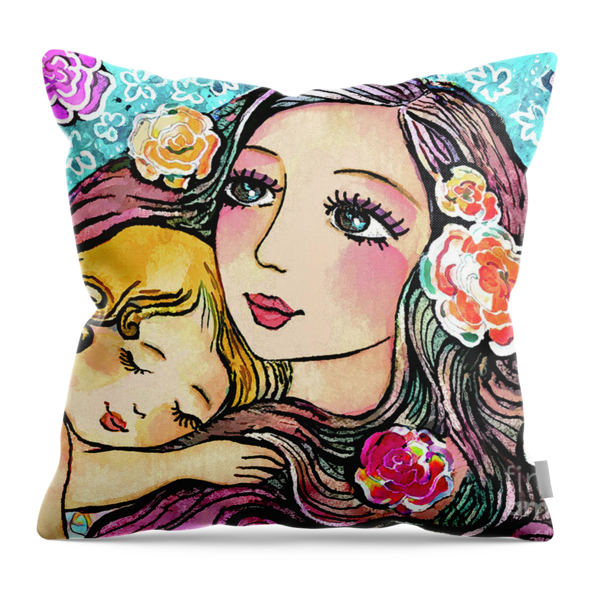 Mother And Child Throw Pillow featuring the painting Dreaming in Roses by Eva Campbell
