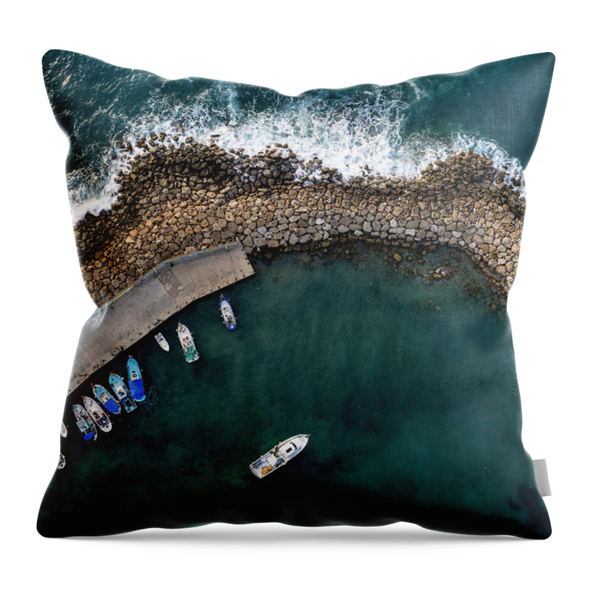 Fishing Harbor Throw Pillow featuring the photograph Drone aerial fishing harbour with boats stormy waves, blue sea by Michalakis Ppalis