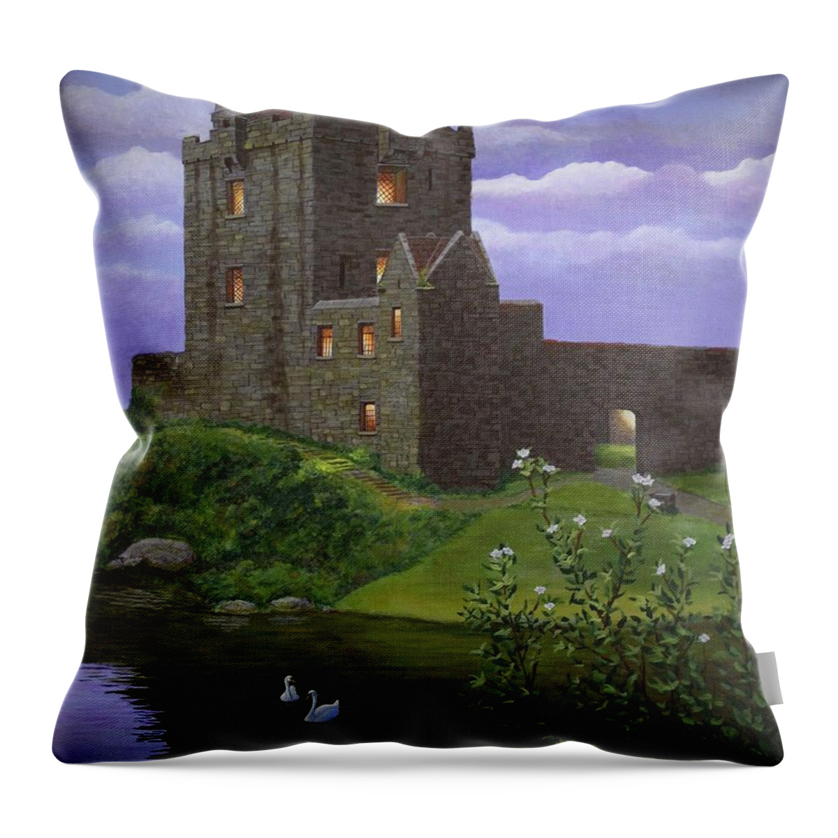 Kim Mcclinton Art Throw Pillow featuring the painting Dusk at Dunguaire Castle by Kim McClinton