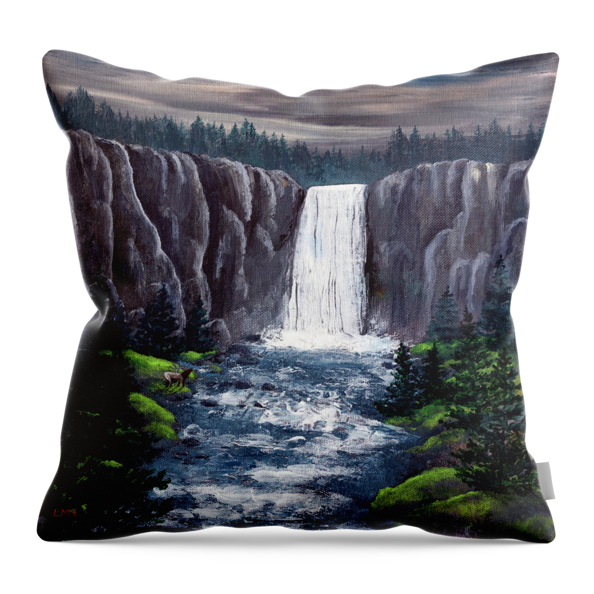 Tumalo Falls Throw Pillow featuring the painting Dusk at Tumalo Falls by Laura Iverson