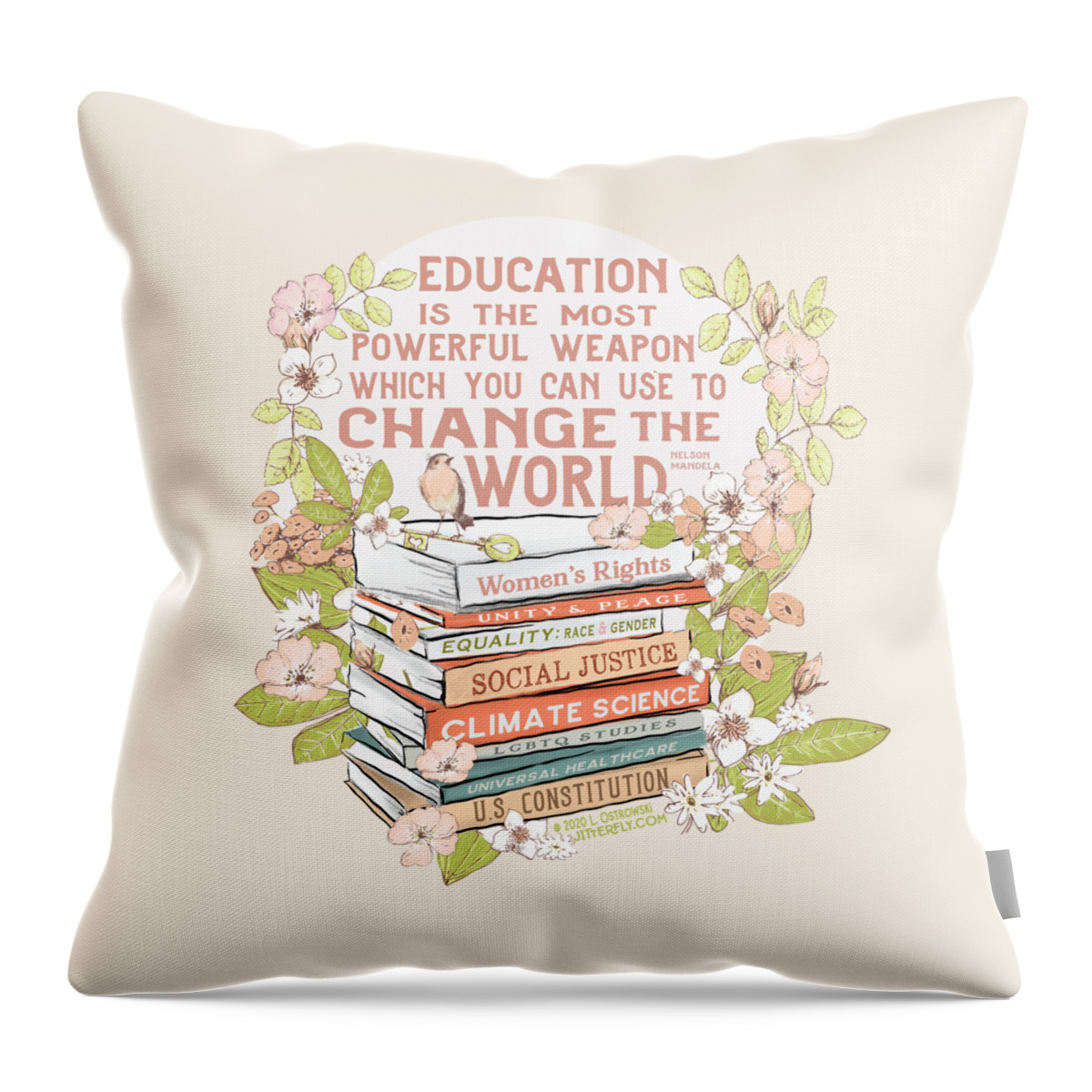 Education Throw Pillow featuring the digital art Education the Most Powerful Weapon, Floral by Laura Ostrowski