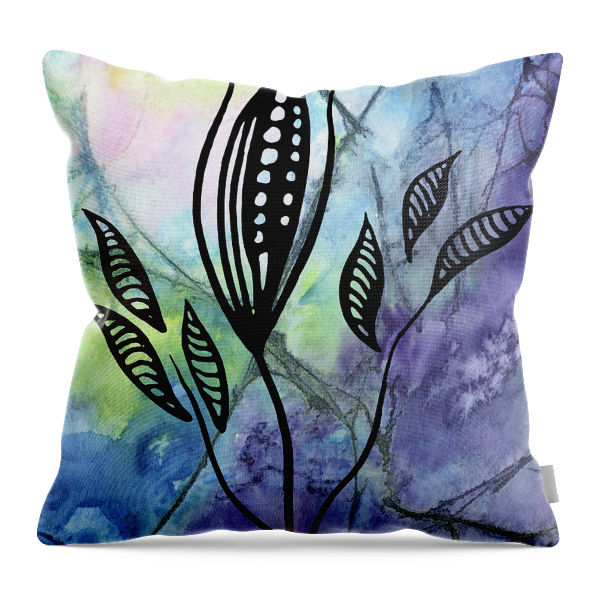 Floral Pattern Throw Pillow featuring the painting Elegant Pattern With Leaves In Blue And Purple Watercolor I by Irina Sztukowski