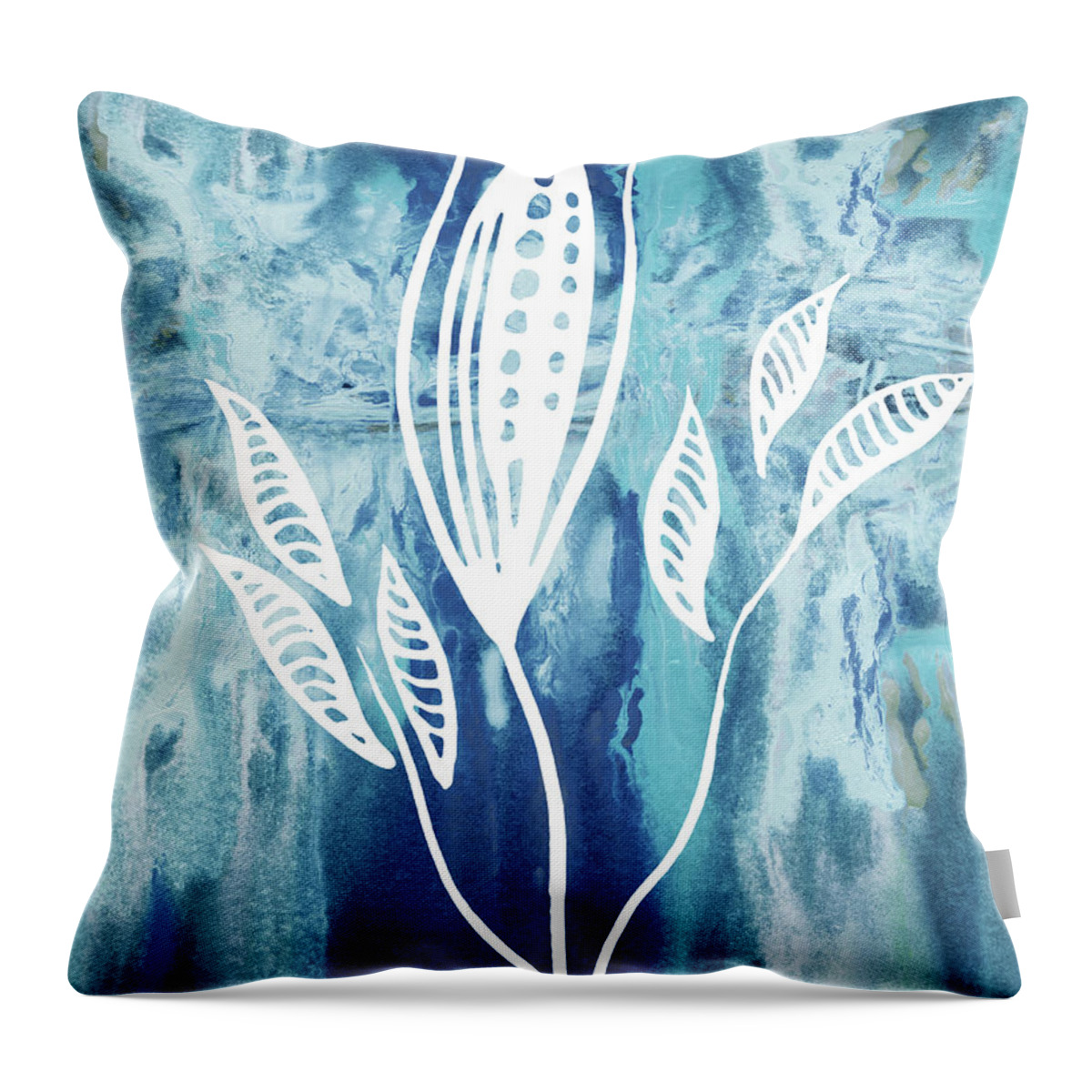 Floral Pattern Throw Pillow featuring the painting Elegant Pattern With Leaves In Teal Blue Watercolor I by Irina Sztukowski