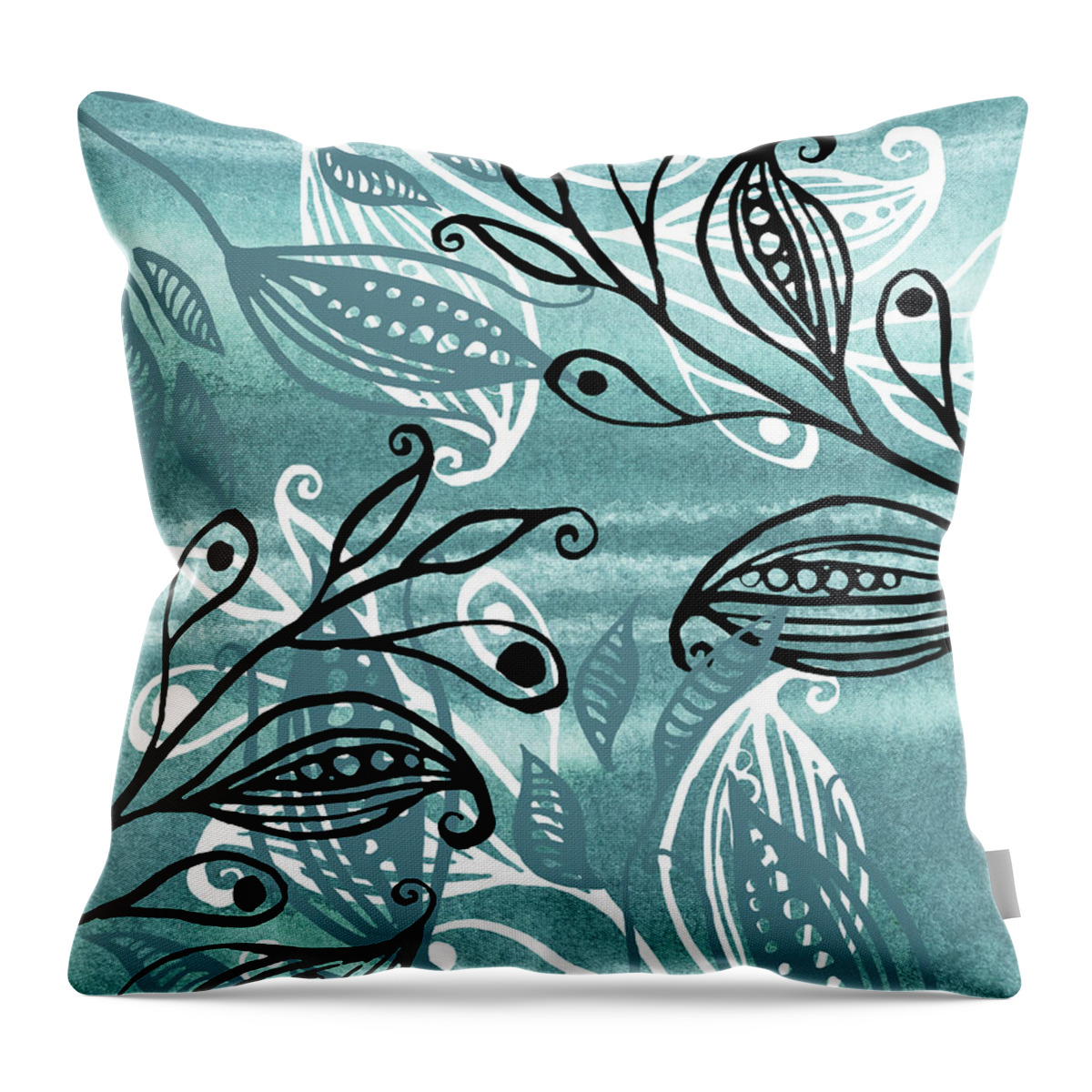 Pods Throw Pillow featuring the painting Elegant Pods And Seeds Pattern With Leaves Teal Blue Watercolor V by Irina Sztukowski