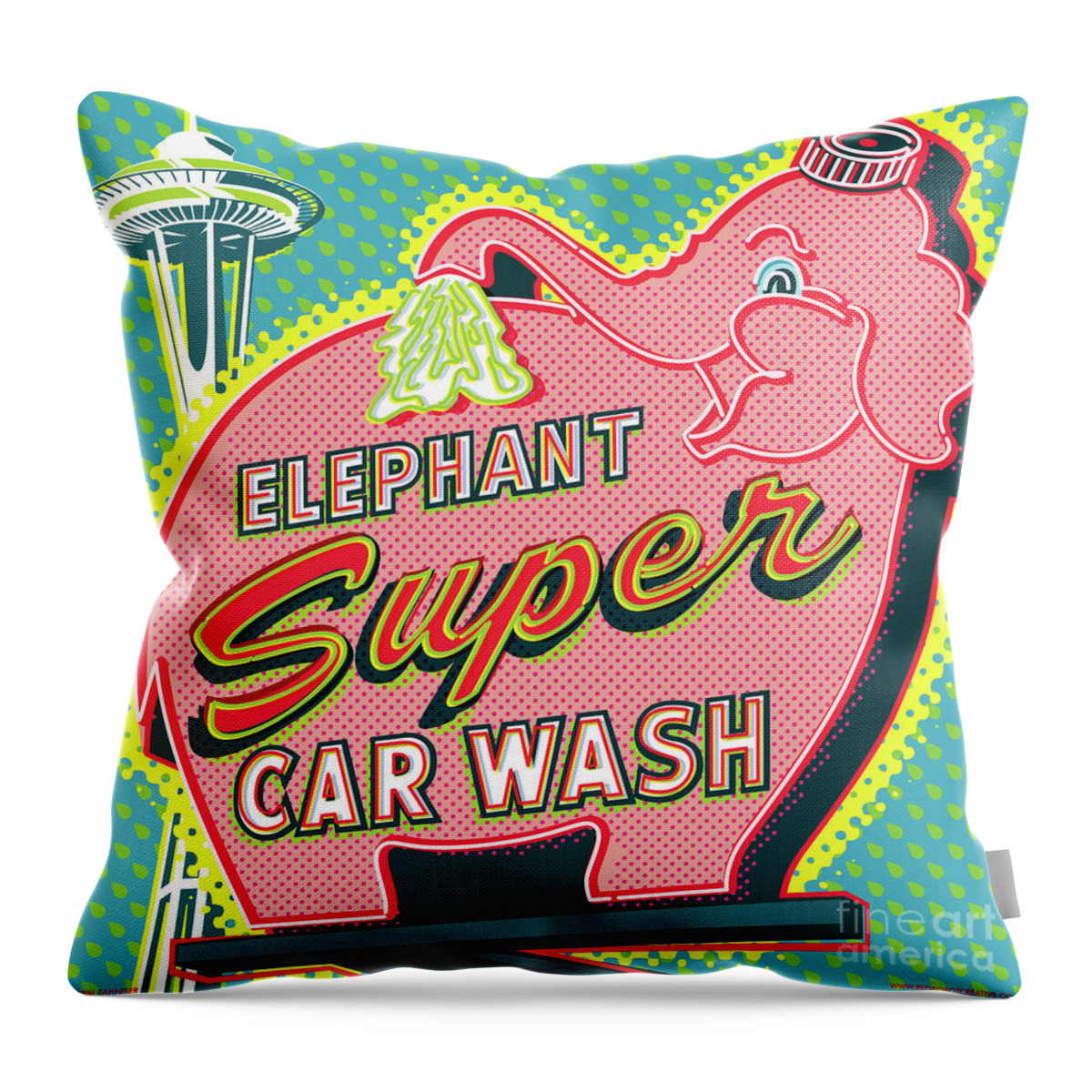 Pop Art Throw Pillow featuring the digital art Elephant Car Wash and Space Needle - Seattle by Jim Zahniser