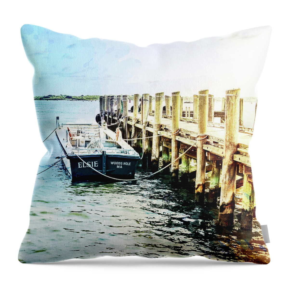 Cape Cod Throw Pillow featuring the mixed media Elsie on the Water by Marianne Campolongo