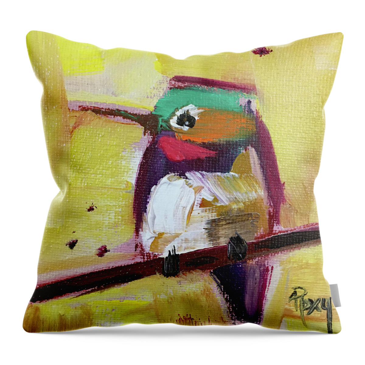 Hummingbird Throw Pillow featuring the painting Emerald Crested Hummingbird by Roxy Rich