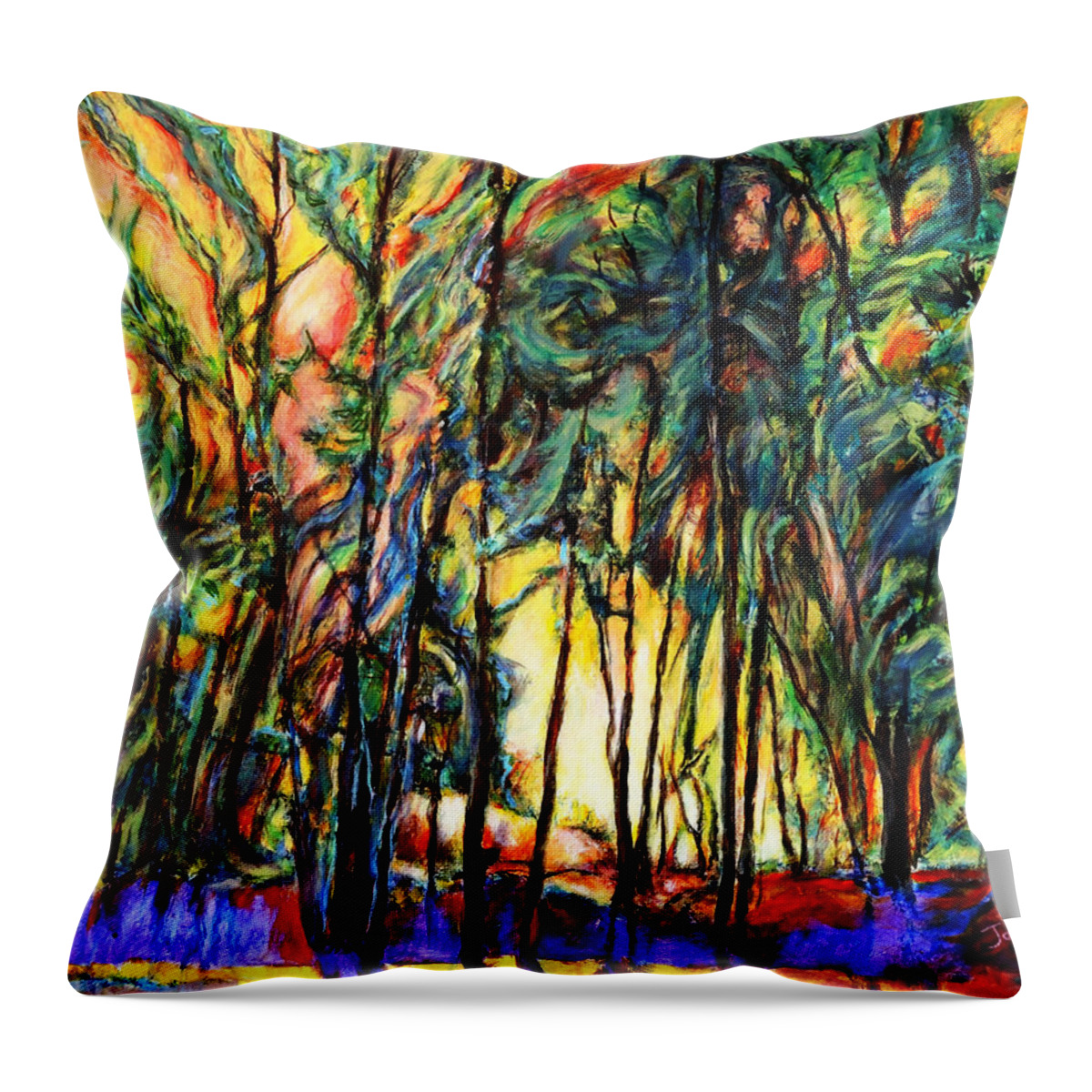 Acrylic Painting Enchanted Forest Sunset Scene Abstract Landscape Throw Pillow featuring the painting Enchanted Forest by John Bohn