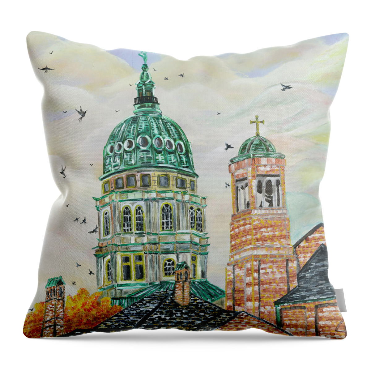 Acrylic Painting Art Throw Pillow featuring the painting End Of The Green College Of Crows by The GYPSY and Mad Hatter