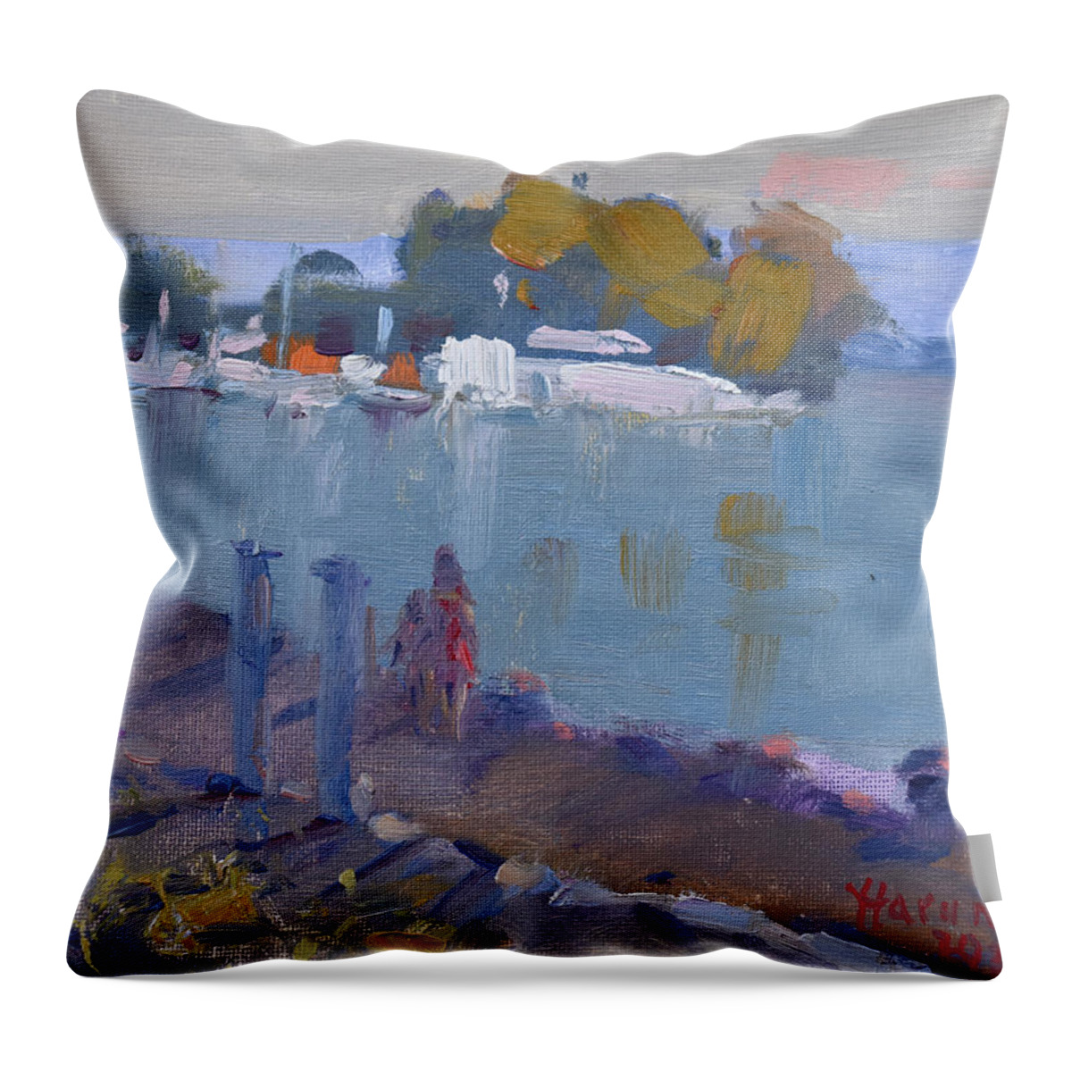 Evening Throw Pillow featuring the painting Evening at the Old Harbor by Ylli Haruni