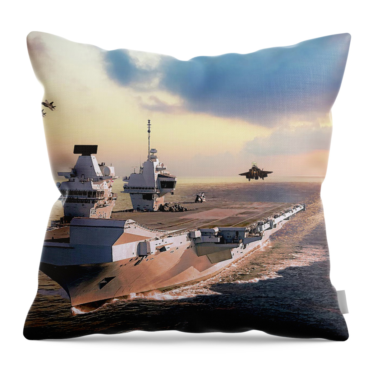 F-35 Throw Pillow featuring the digital art F-35s and HMS Queen Elizabeth by Airpower Art