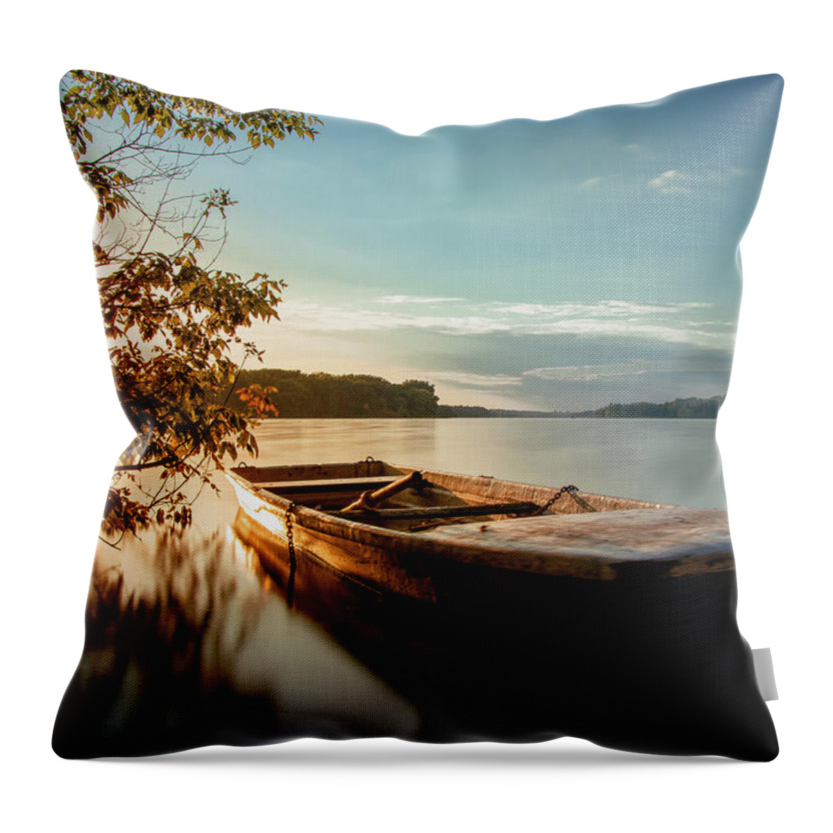 Rowboat Throw Pillow featuring the photograph Fairy-tale boat moored on the shore by Vaclav Sonnek