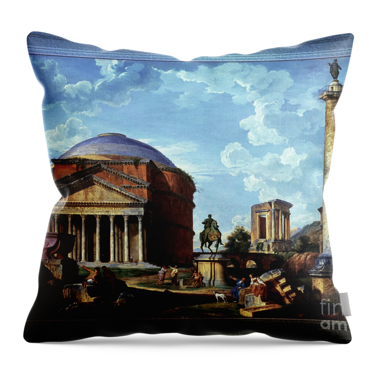 Architectural Fantasy Throw Pillow featuring the painting Fantasy View with the Pantheon and other Monuments of Old Rome by Rolando Burbon