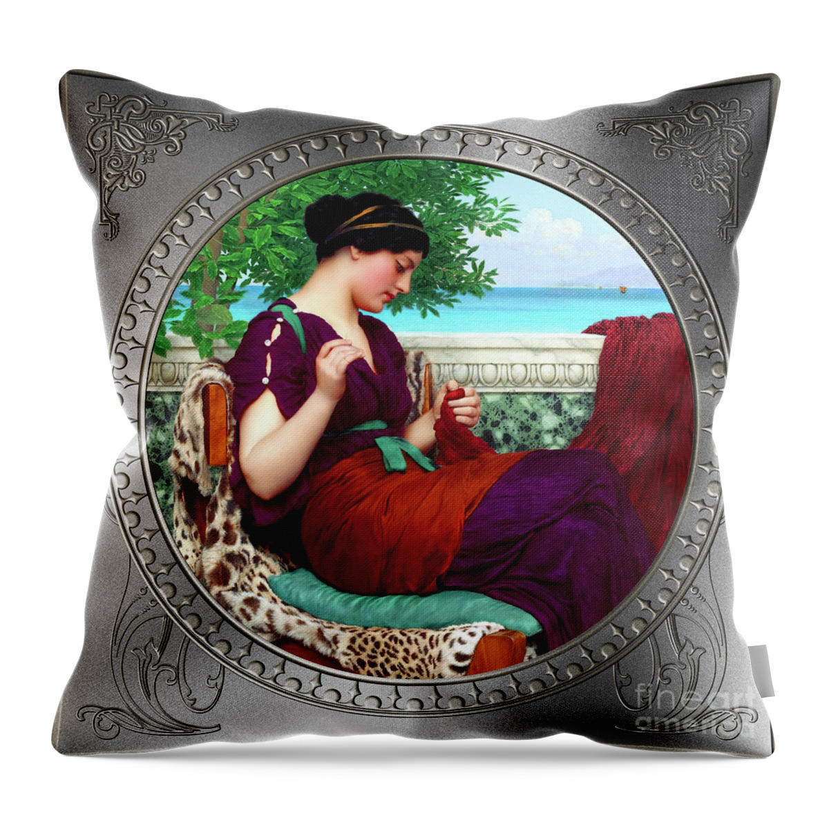 Far Away Thoughts Throw Pillow featuring the painting Far Away Thoughts c1911 by John William Godward Fine Art Xzendor7 Old Masters Reproductions by Rolando Burbon