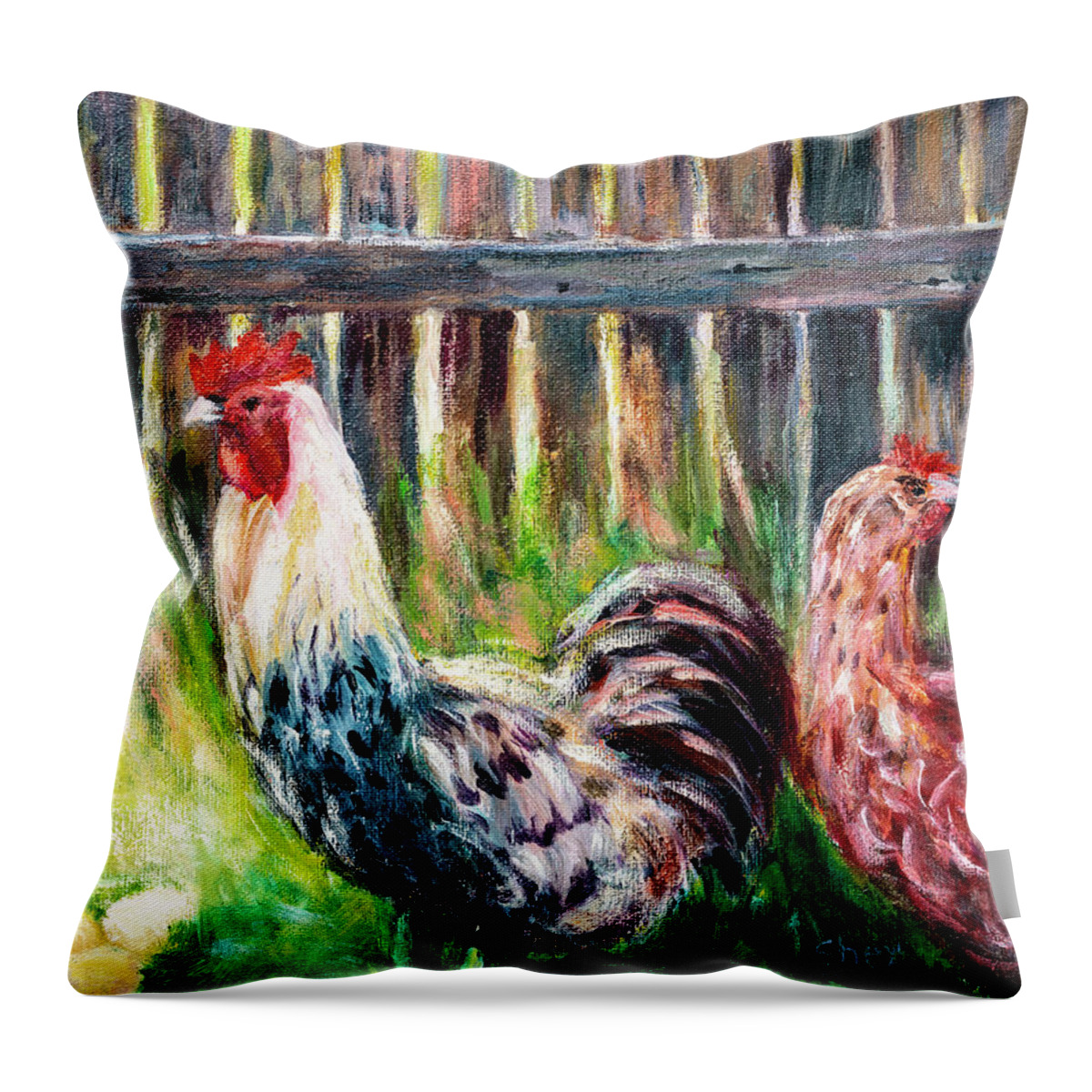 Art - Acrylic Throw Pillow featuring the painting Farm Yard Chicken - Acrylic Art by Sher Nasser